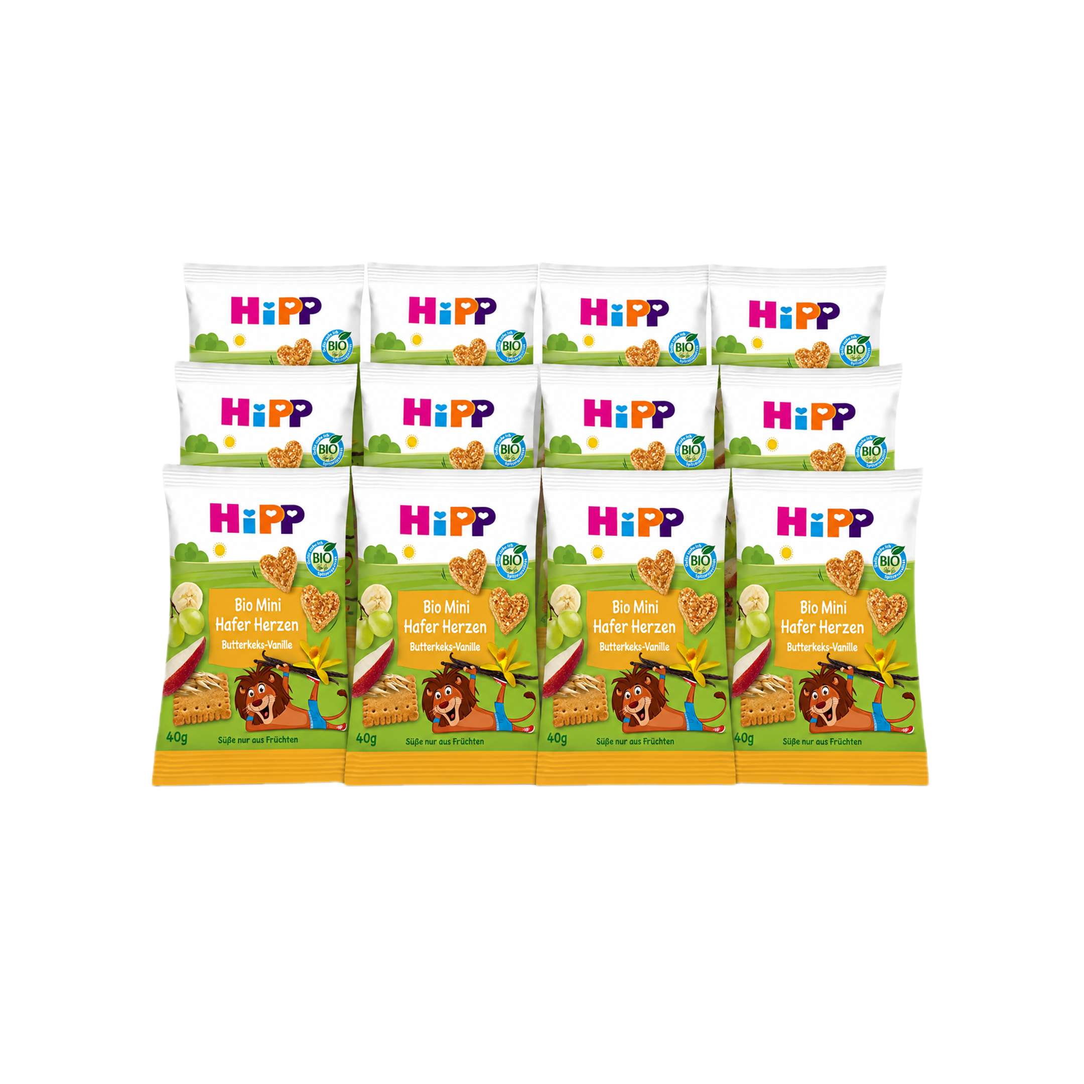 德国原装 Hipp喜宝 有机迷你燕麦心形饼干 黄油和香草味 超值装 12袋 × 40 克 3岁以上儿童零食 有机全谷物燕麦 | 仅用水果增甜 德国制造
