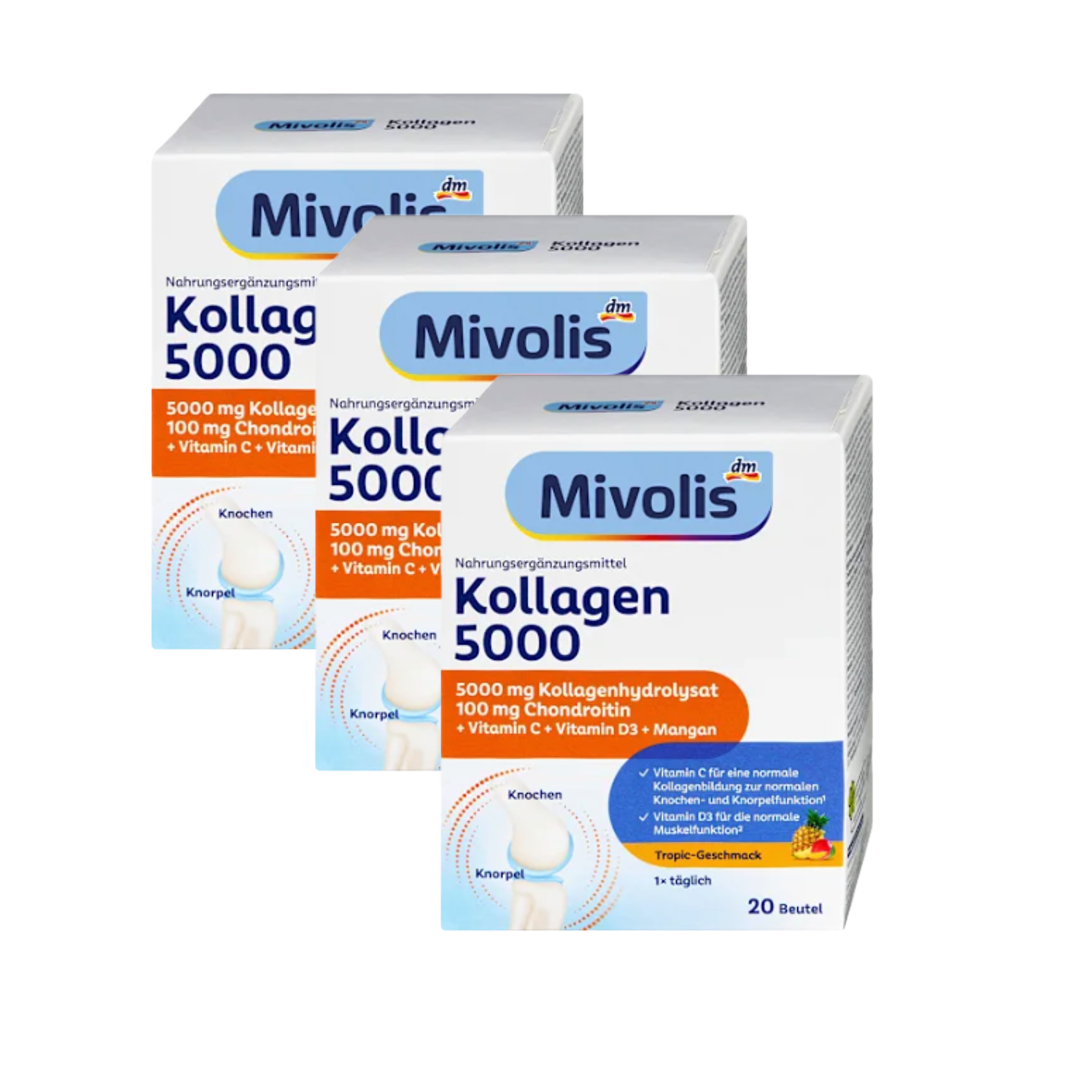 Mivolis Collagen 5000 Powder 60 Sachets | Value Pack | 3 × 20 Sachets | 5,000 mg Collagen Hydrolysate, Chondroitin, Vitamin C, Vitamin D3 & Manganese | Made in Germany
