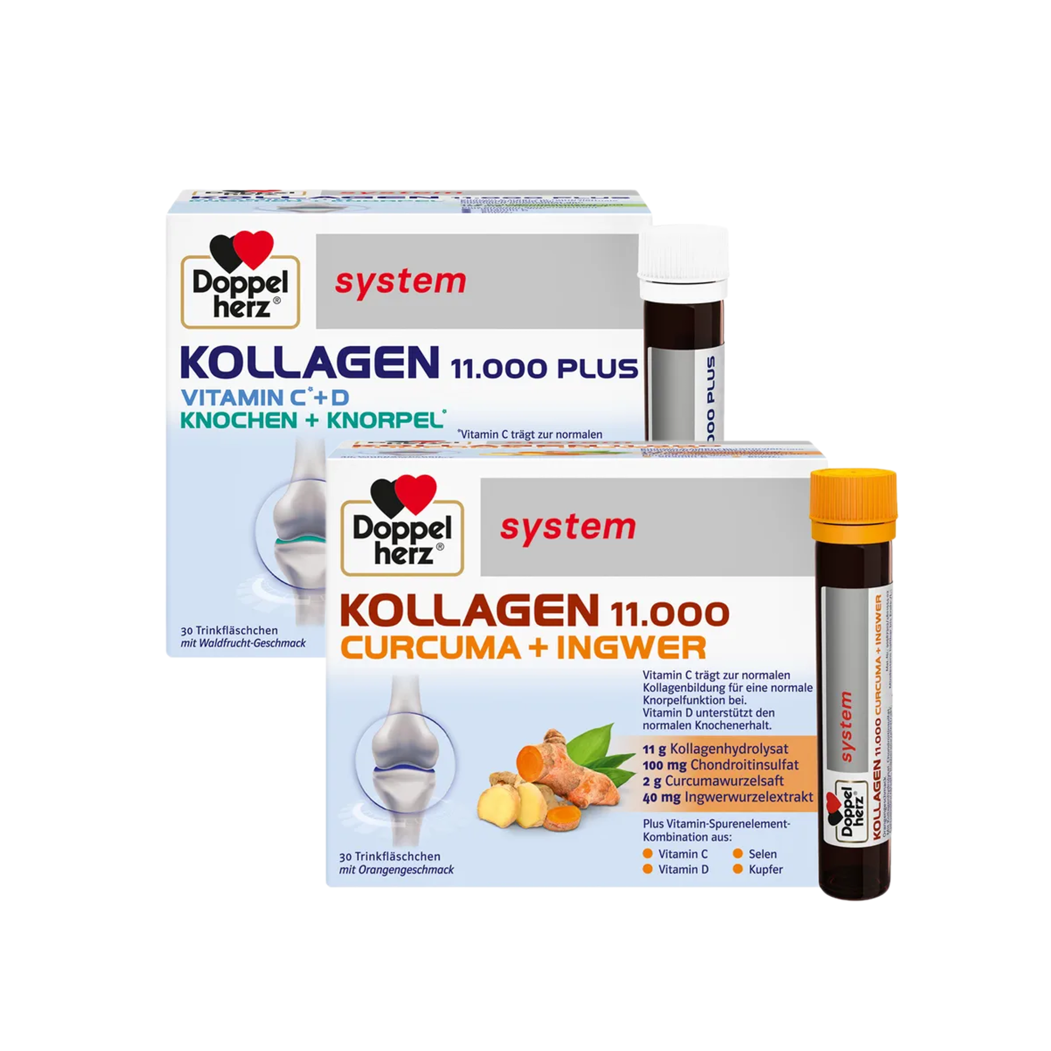 Doppelherz System Collagen Premium Duo Set | KOLLAGEN 11,000 PLUS (PZN 07625039) + KOLLAGEN 11,000 Curcuma + Ginger (PZN 16879158) | 60 Drinking Vials | Joint, Cartilage & Connective Tissue Support | Made in Germany