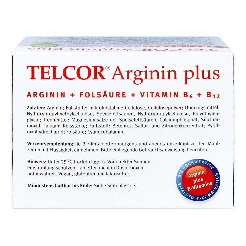 Telcor Arginin Plus 120 Film-Coated Tablets | Premium L-Arginine + Vitamin B6, B12 & Folic Acid | Vascular Nutritional Support | Vegan Made in Germany PZN 03104734