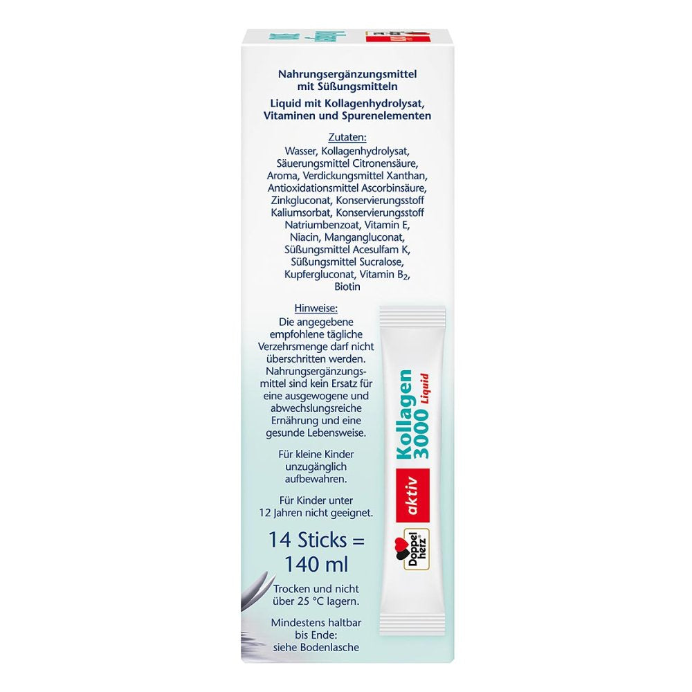 Doppelherz aktiv Collagen 3000 Liquid | 3,000 mg Collagen Hydrolysate, Biotin & Zinc | Skin & Connective Tissue Support | 2-Pack | 28 Liquid Sticks | PZN 16031988