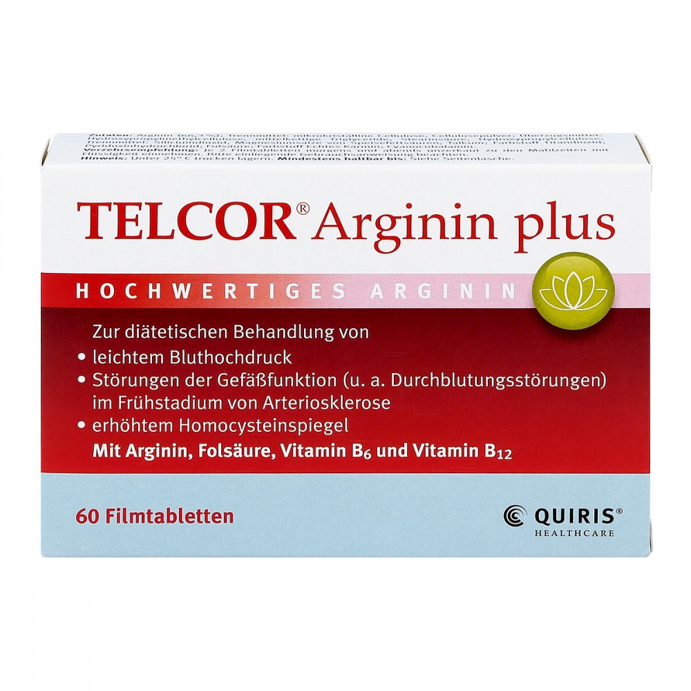 Telcor Arginin Plus 60 Film-Coated Tablets | Premium L-Arginine + Vitamin B6, B12 & Folic Acid | Vascular Nutritional Support | Vegan Made in Germany PZN 03104728