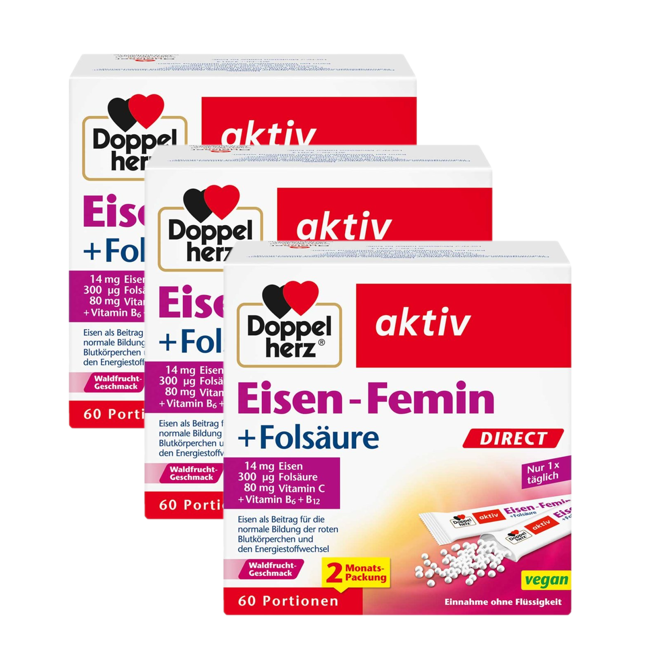 Doppelherz® aktiv Eisen-Femin DIRECT Triple Pack | 3 × 60 Sachets | Iron, Vitamin C, Folic Acid, Vitamin B6 & B12 | Direct Micro-Pellets | Wild Berry Flavor | 180 Sachets PZN 18390639