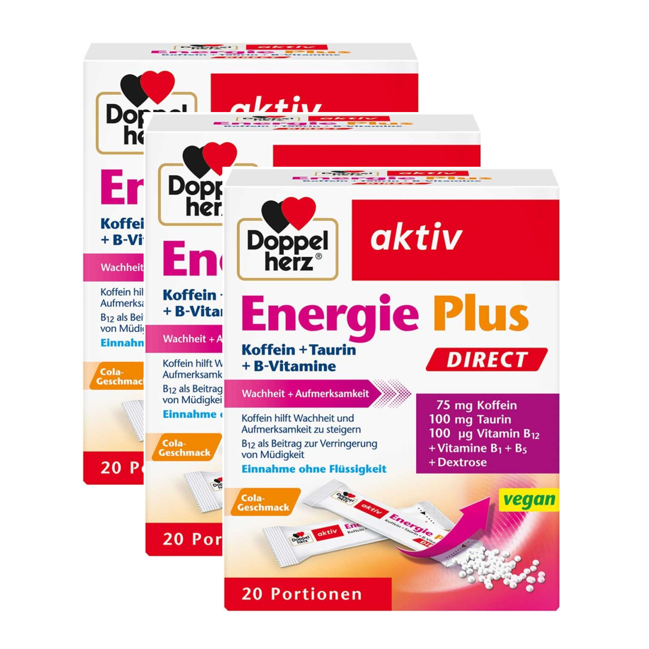 Doppelherz aktiv Energie Plus DIRECT Triple Pack 60 Sachets | 3 × 20 Micro-Pellet Sachets | 75 mg Caffeine, Taurine & B Vitamins | Cola Flavor |  PZN 16395265