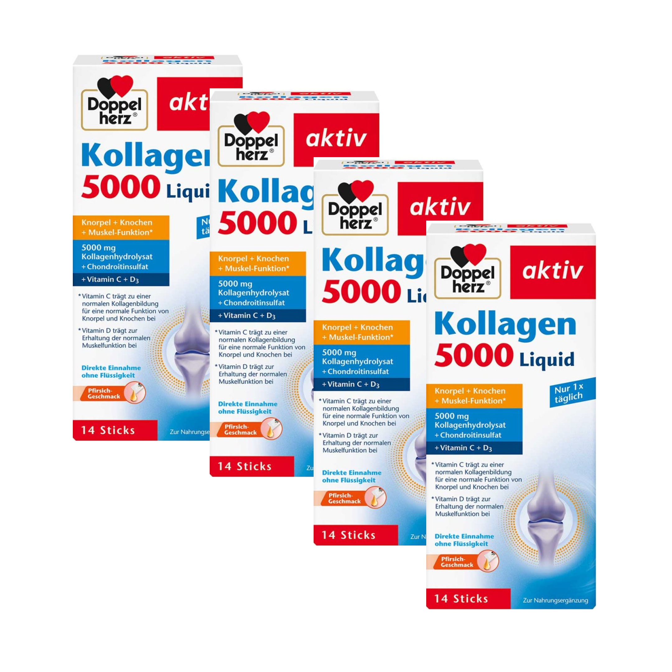Doppelherz Collagen 5000 Liquid | 5,000 mg Collagen Hydrolysate + Chondroitin | Vitamin C, D & E | 4-Pack | 56 Liquid Sticks | PZN 18028364