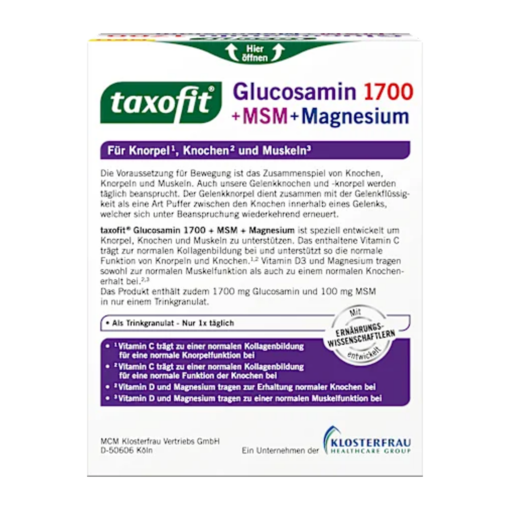 taxofit 葡萄糖胺 1700 + MSM + 镁棒 20 片
