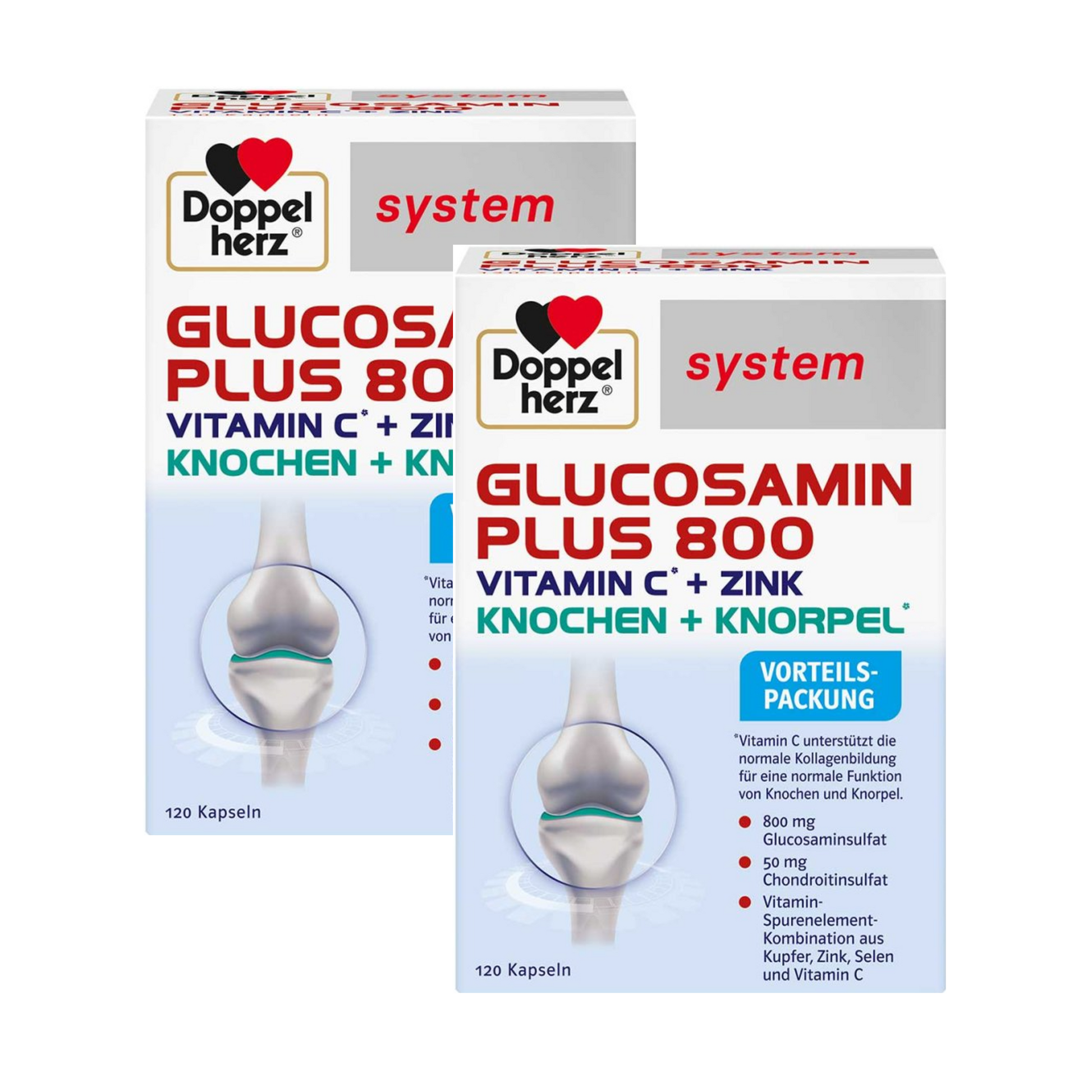 Doppelherz 系统葡萄糖胺 Plus 800 粒胶囊，120 粒 x 2 包 PZN 09337942