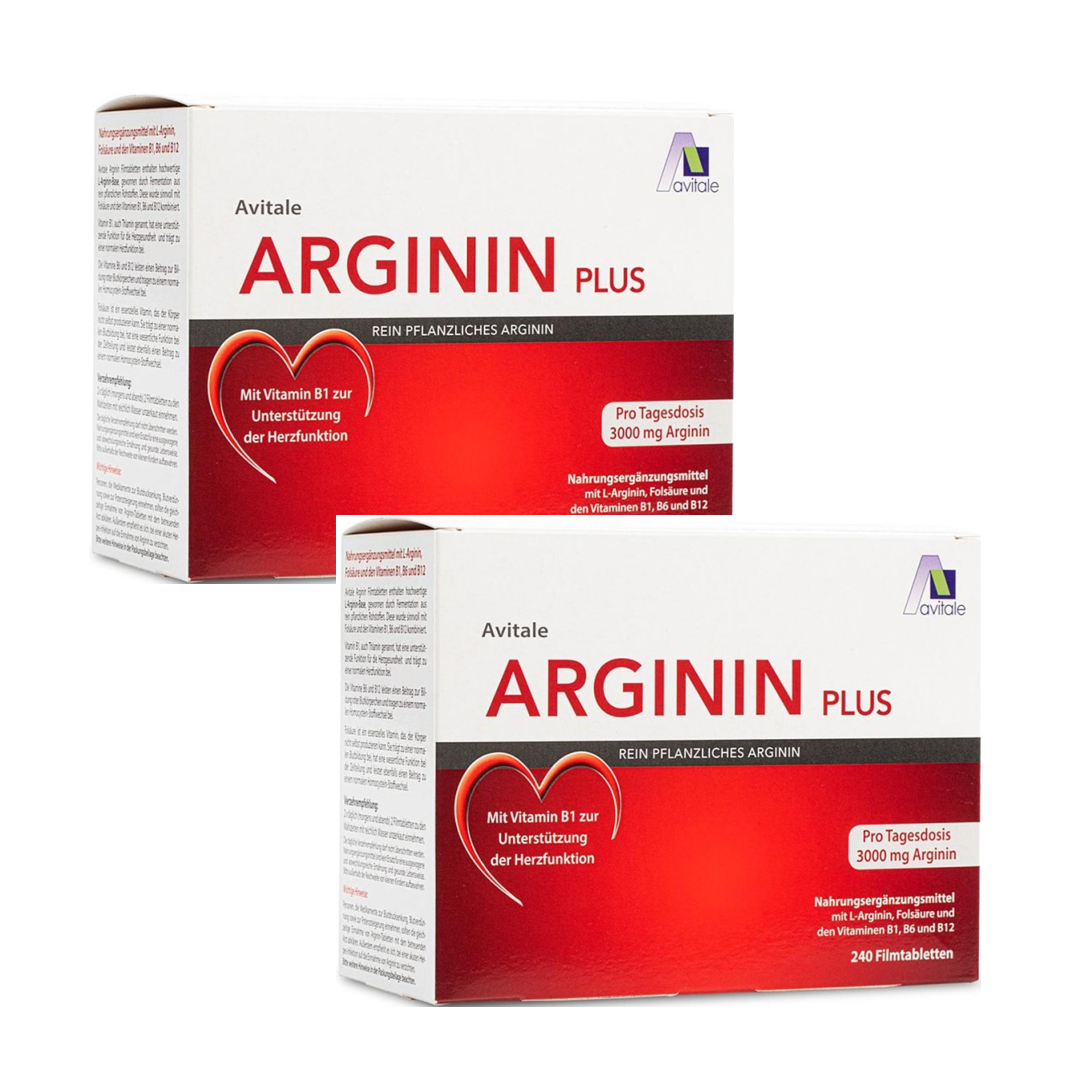 Avitale L-Arginine Plus 480 Film Tablets 2-Pack | 3000 mg L-Arginine + Vitamins B1, B6, B12 & Folic Acid | Heart & Circulation Support PZN 12576627
