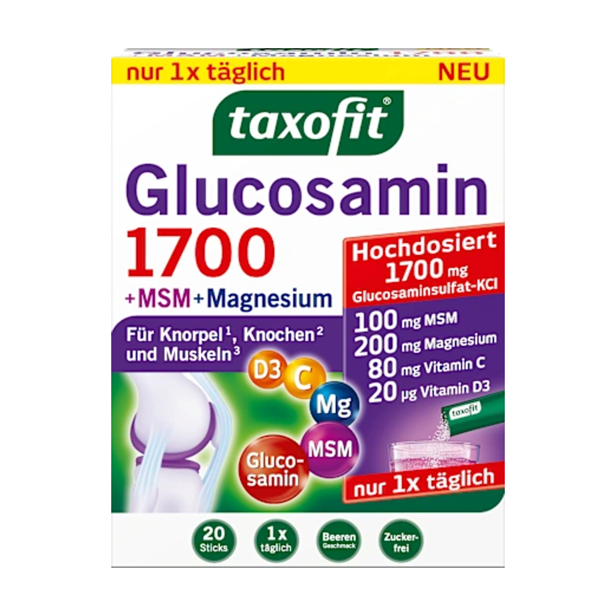 taxofit Glucosamine 1700 + MSM + Magnesium Sticks 20 pcs PZN 07150027