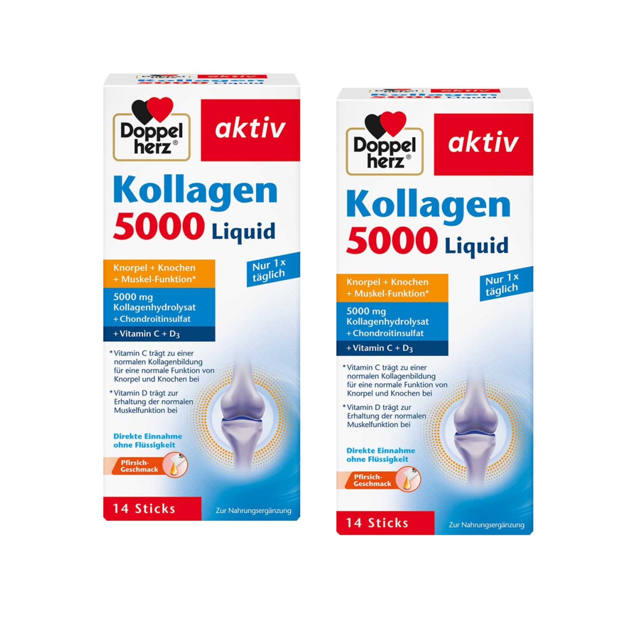 Doppelherz Collagen 5000 Liquid | 5,000 mg Collagen Hydrolysate + Chondroitin | Vitamin C, D & E | 2-Pack | 28 Liquid Sticks | PZN 18028364
