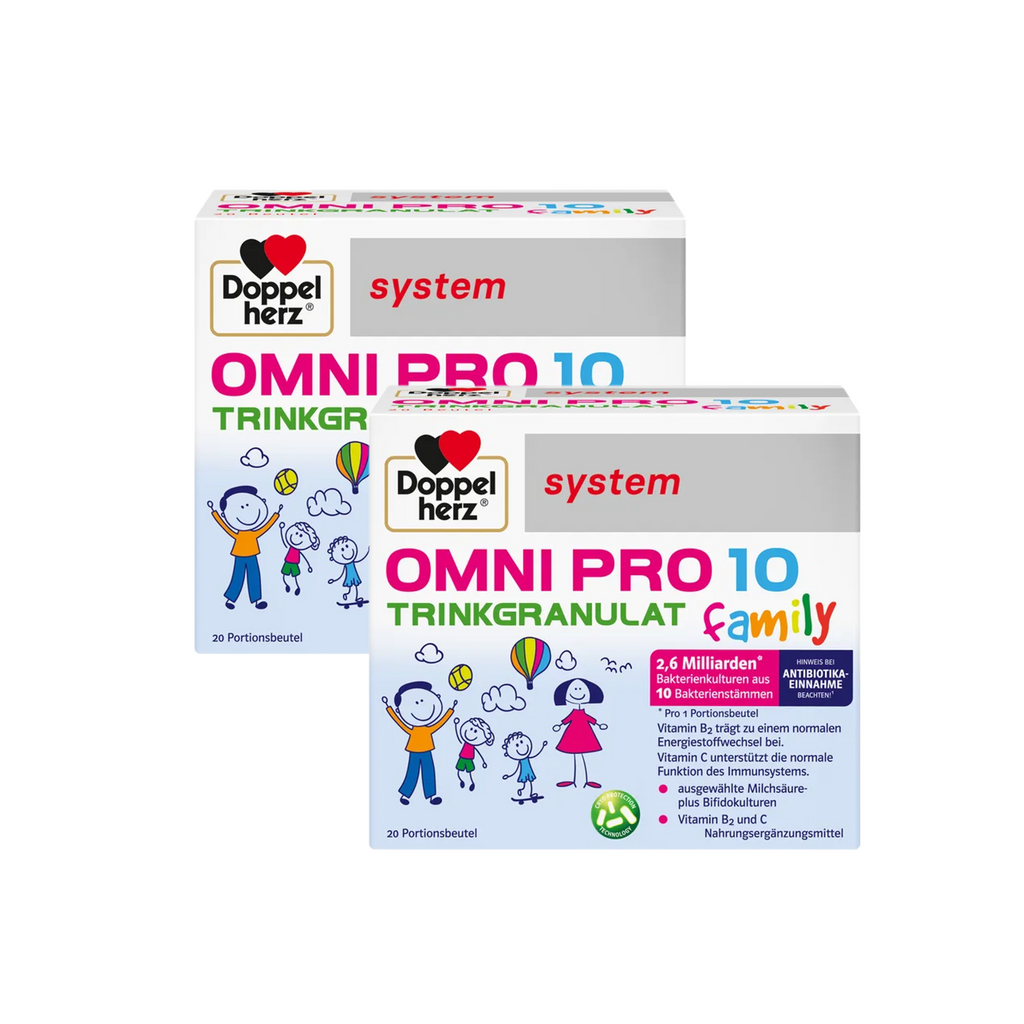Doppelherz system OMNI PRO 10 Family Twin Pack 2 × 20 Sachets | 10 Probiotic Strains + Vitamin C & B2 | Family Probiotic Formula PZN 19908883