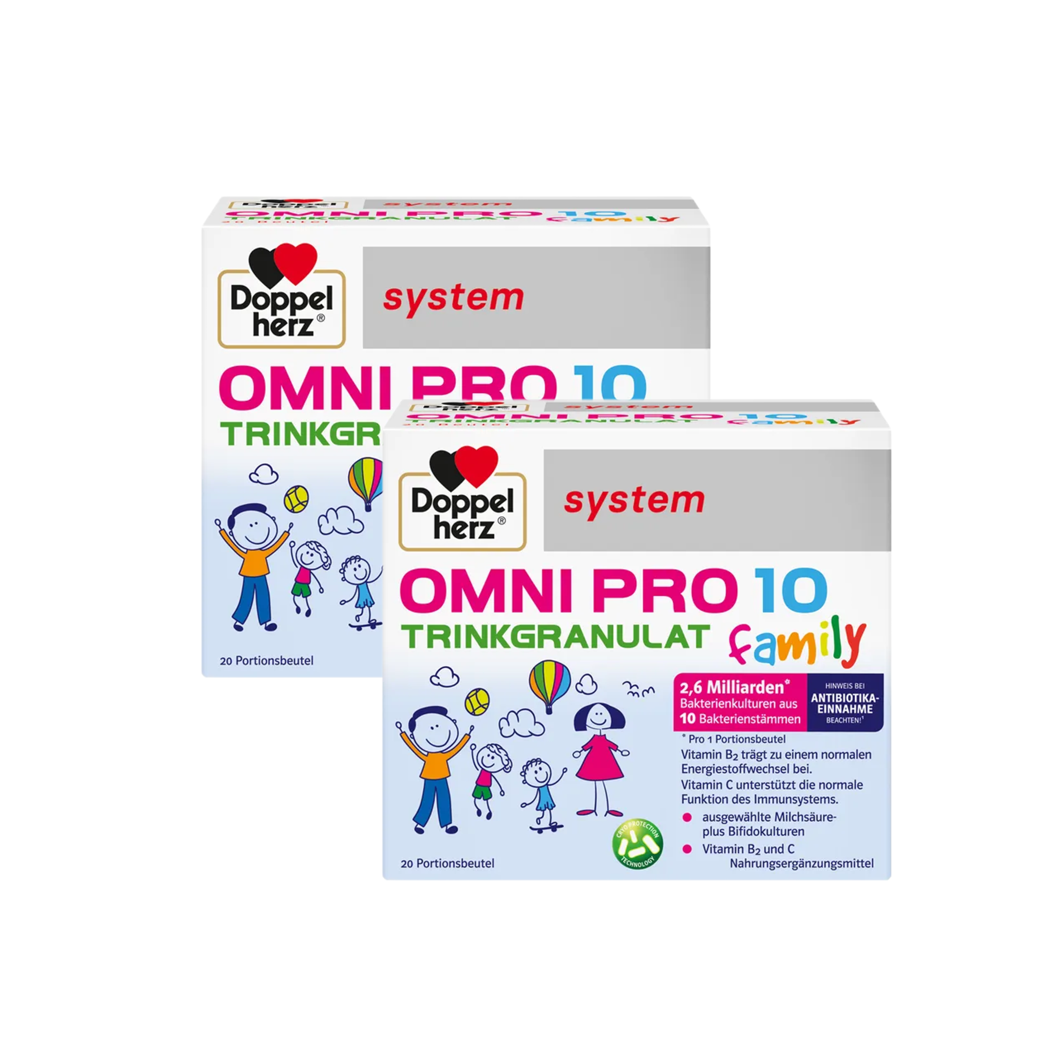 Doppelherz system OMNI PRO 10 Family Twin Pack 2 × 20 Sachets | 10 Probiotic Strains + Vitamin C & B2 | Family Probiotic Formula PZN 19908883