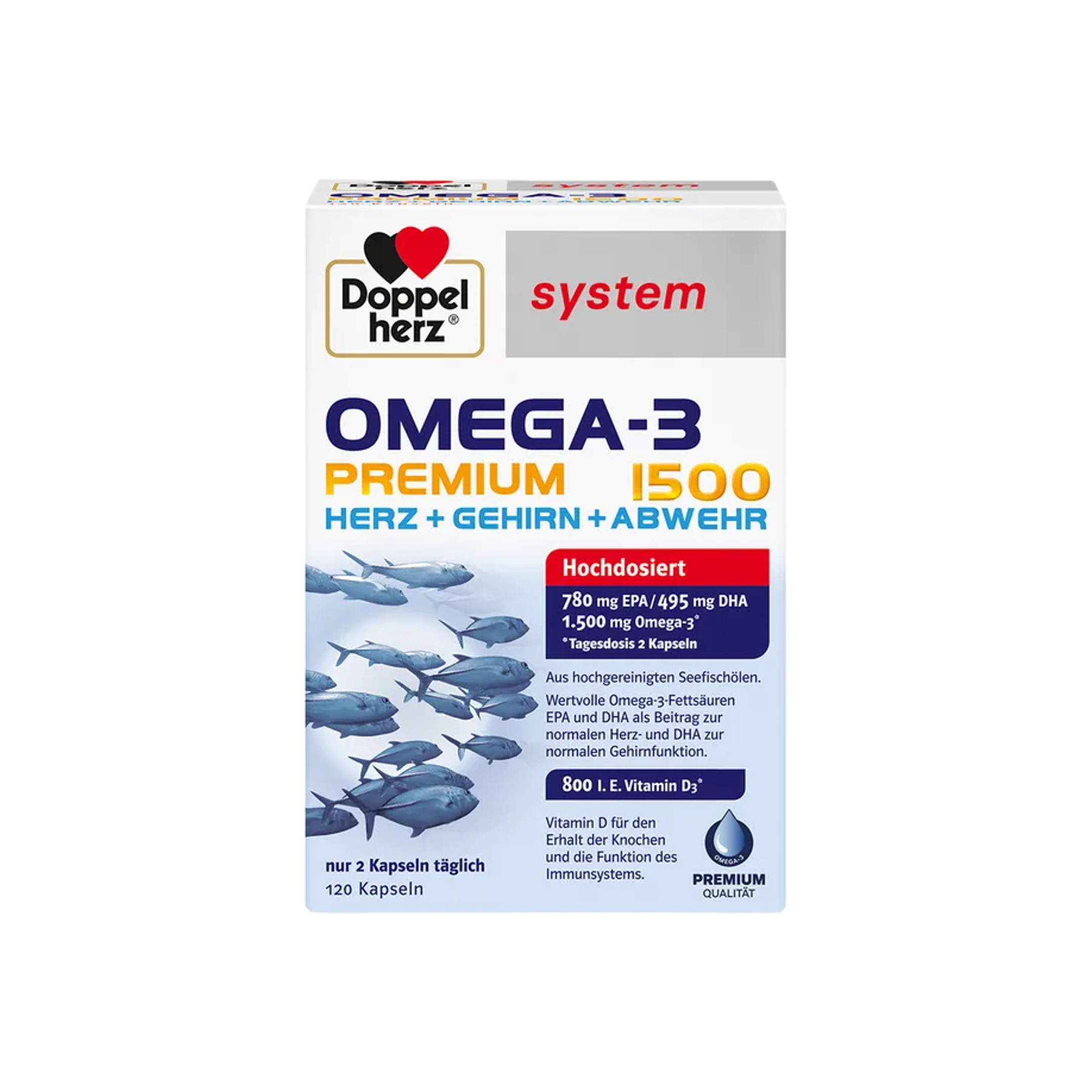 德国原装Doppelherz Omega-3 1500加强型 系统胶囊120粒 PZN 17173992 | EPA DHA + 维生素D3