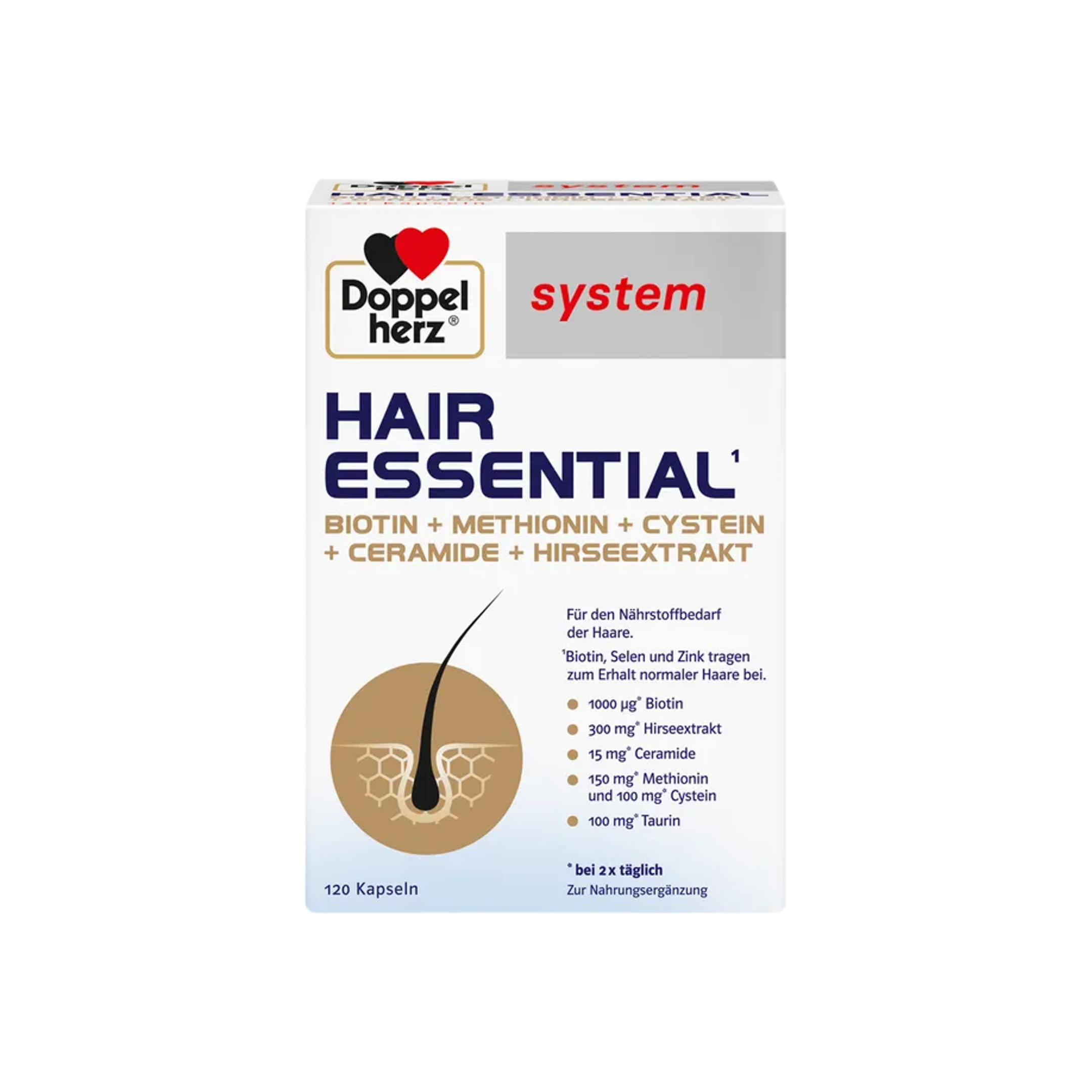 Doppelherz system Hair Essential 120 Capsules | Biotin, Ceramides, Millet Extract & Amino Acids | Hair Nutrition Formula PZN 20087724