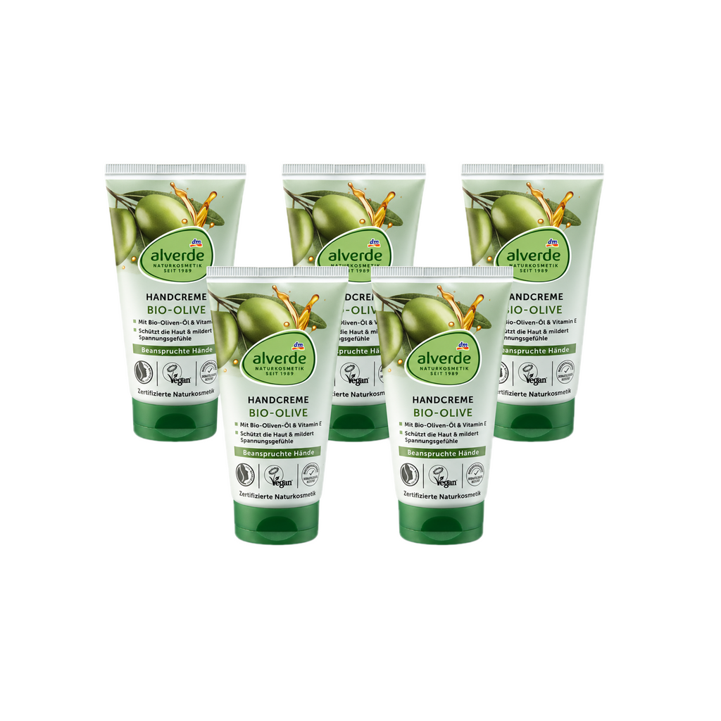 alverde NATURKOSMETIK Olive Hand Cream 5-Pack | Organic Olive Oil & Vitamin E | Intensive Moisturizing Hand Care | 5 × 75 ml