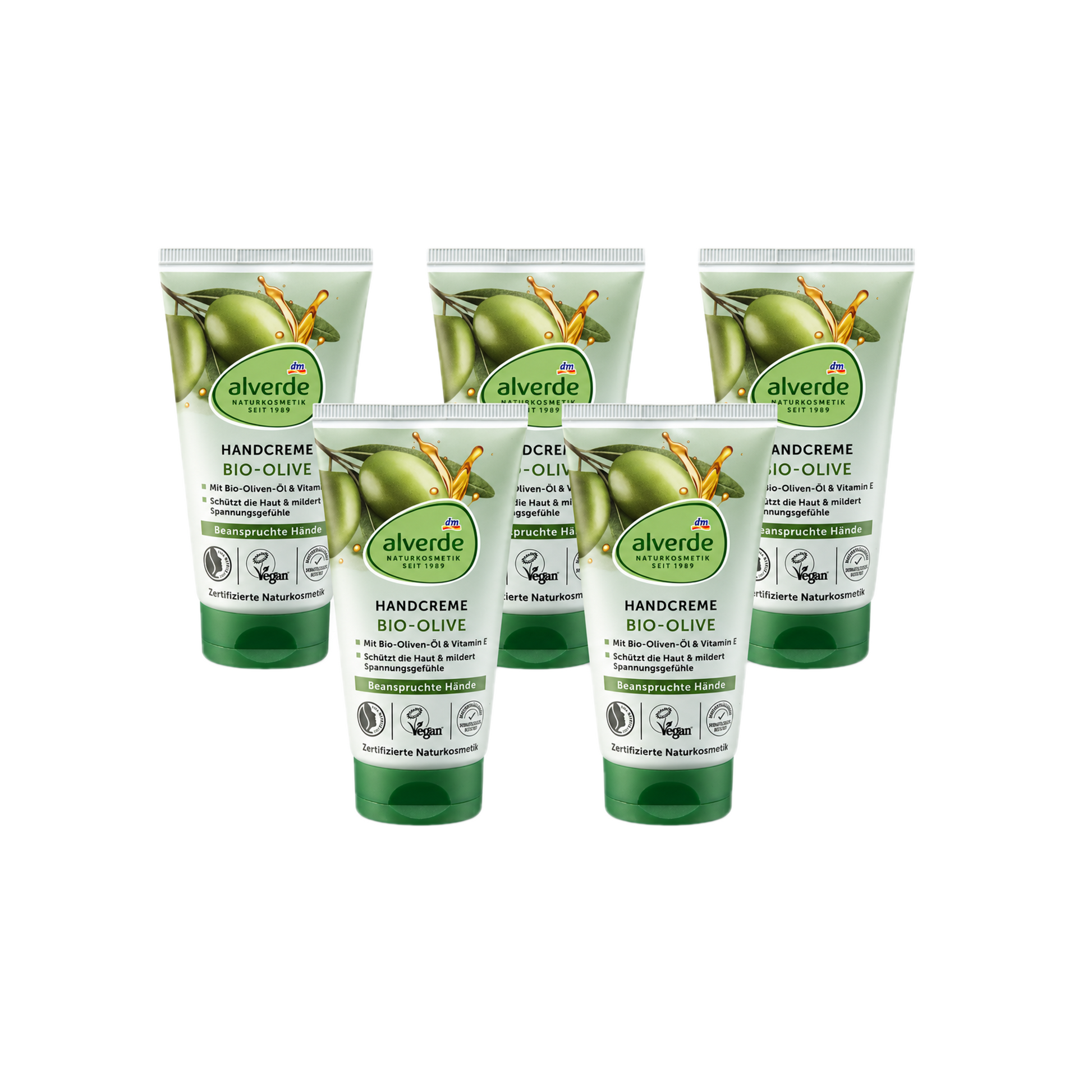 alverde NATURKOSMETIK Olive Hand Cream 5-Pack | Organic Olive Oil & Vitamin E | Intensive Moisturizing Hand Care | 5 × 75 ml