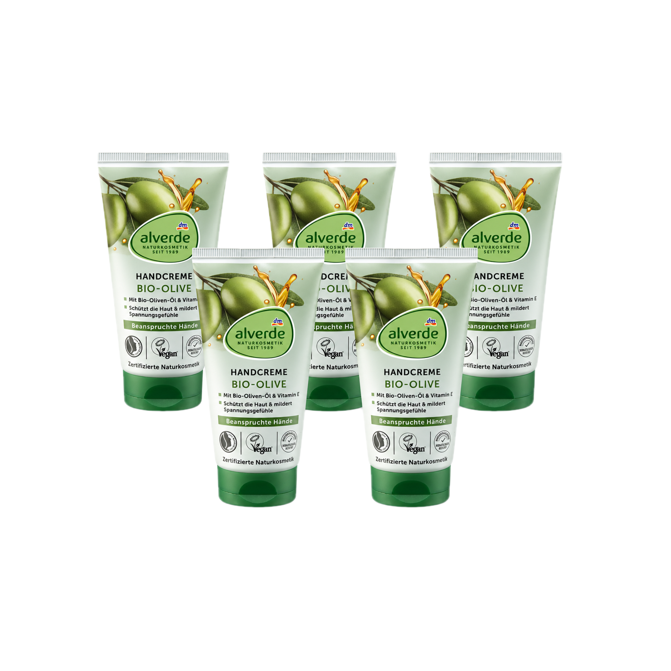 alverde NATURKOSMETIK Olive Hand Cream 5-Pack | Organic Olive Oil & Vitamin E | Intensive Moisturizing Hand Care | 5 × 75 ml