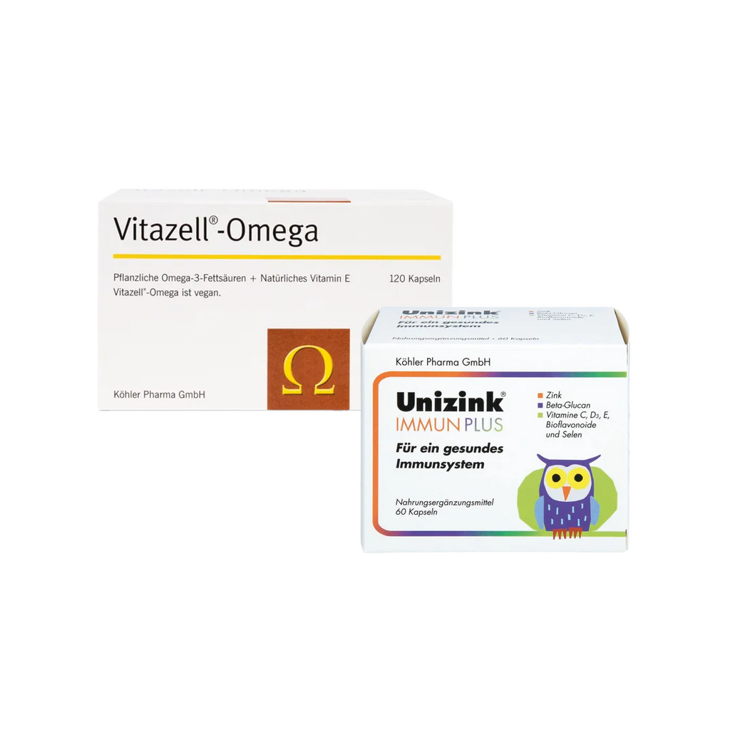 Vitazell Omega + Unizink Immun Plus | Vegan Omega-3 & Daily Immune Support Bundle | EPA, DHA, Zinc, Vitamin C, D & Selenium | 120 PZN 11335407 + 60 Capsules PZN 05489336