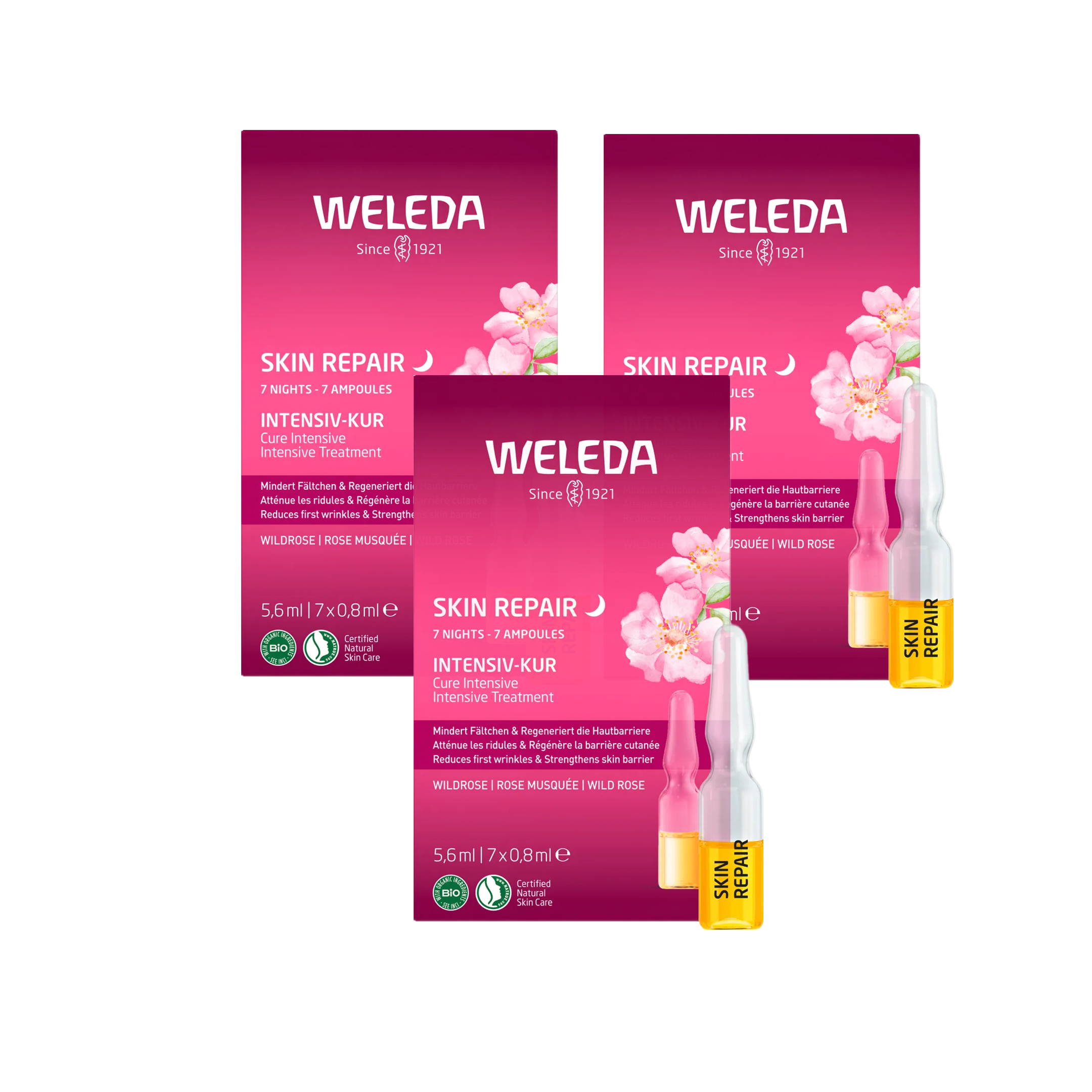 Weleda Skin Repair Intensive Treatment Triple Pack 3 × 5.6 ml | 3 × 7-Day Wild Rose Intensive Repair Ampoules | 21-Day Natural Skin Renewal Program | PZN 19147160