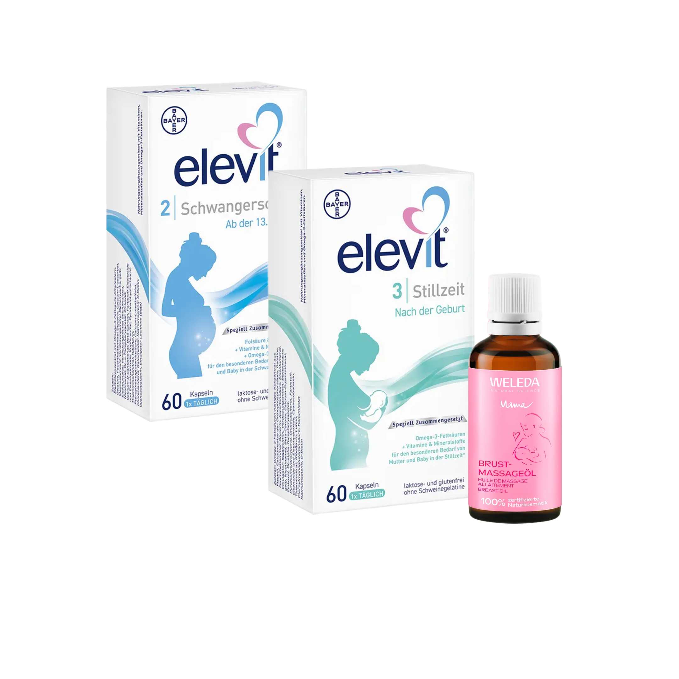 Elevit Pregnancy & Breastfeeding Complete Care Bundle | Elevit 2 Pregnancy + Elevit 3 Breastfeeding + Weleda Breast Massage Oil | Complete Prenatal & Postnatal Care Made in Germany