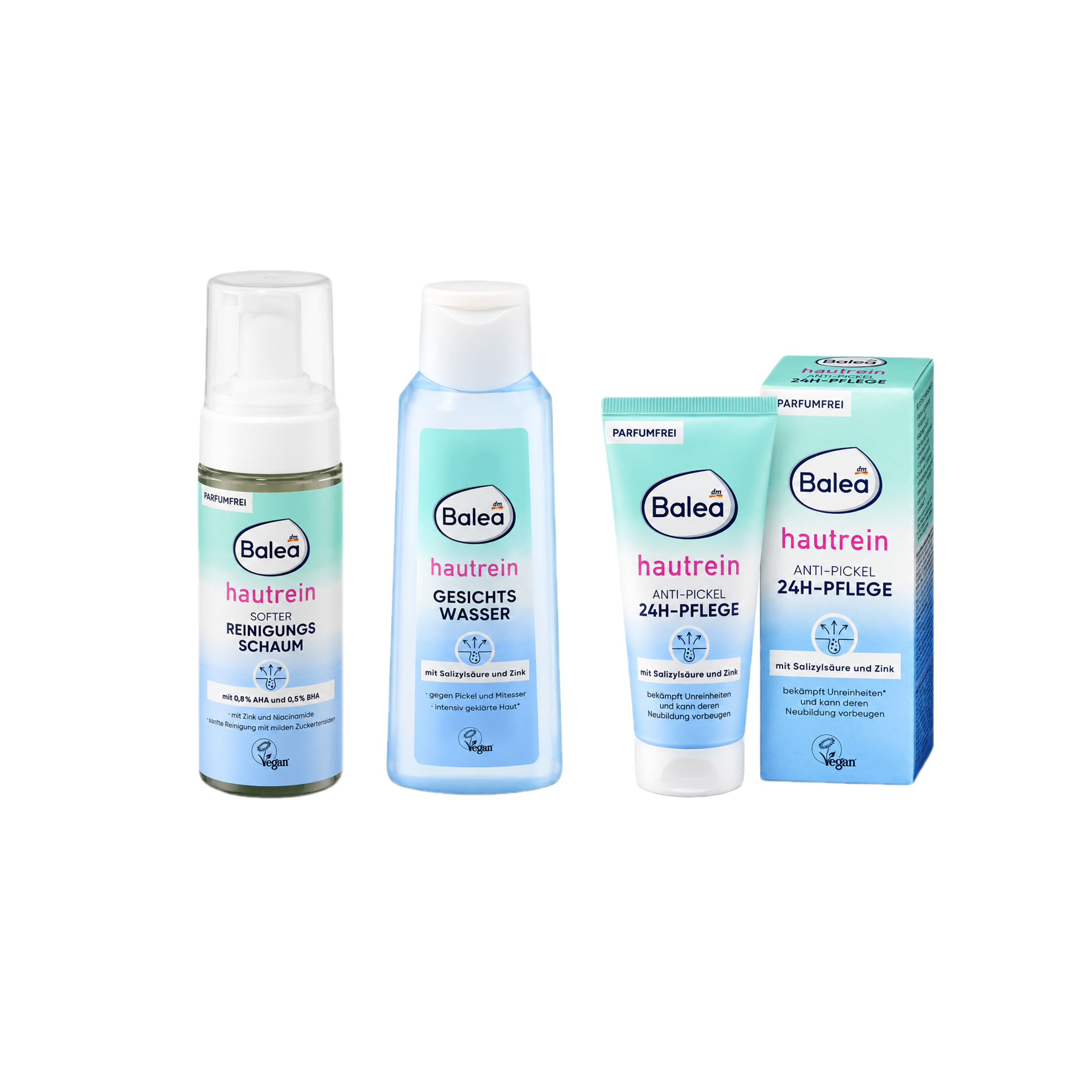 Balea Hautrein 3-Step Acne Care Set | Foaming Cleanser 150ml + Clarifying Toner 200ml + Anti-Blemish 24H Moisturizer 50ml | Complete Daily Skincare Routine