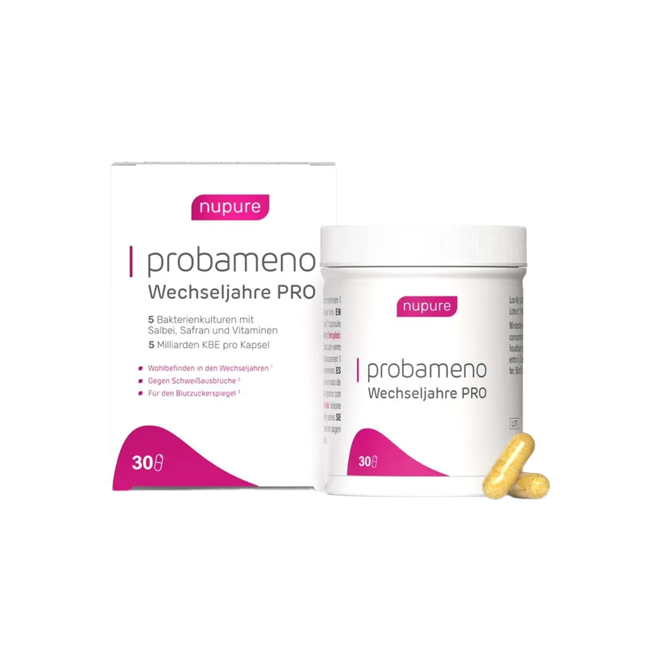 Nupure Probaflor® Probameno Menopause PRO 30 Delayed-Release Capsules | Women's Menopause Probiotic | 5 Live Probiotic Strains | Sage, Saffron, Vitamin D3, B6 & Chromium PZN 18889155