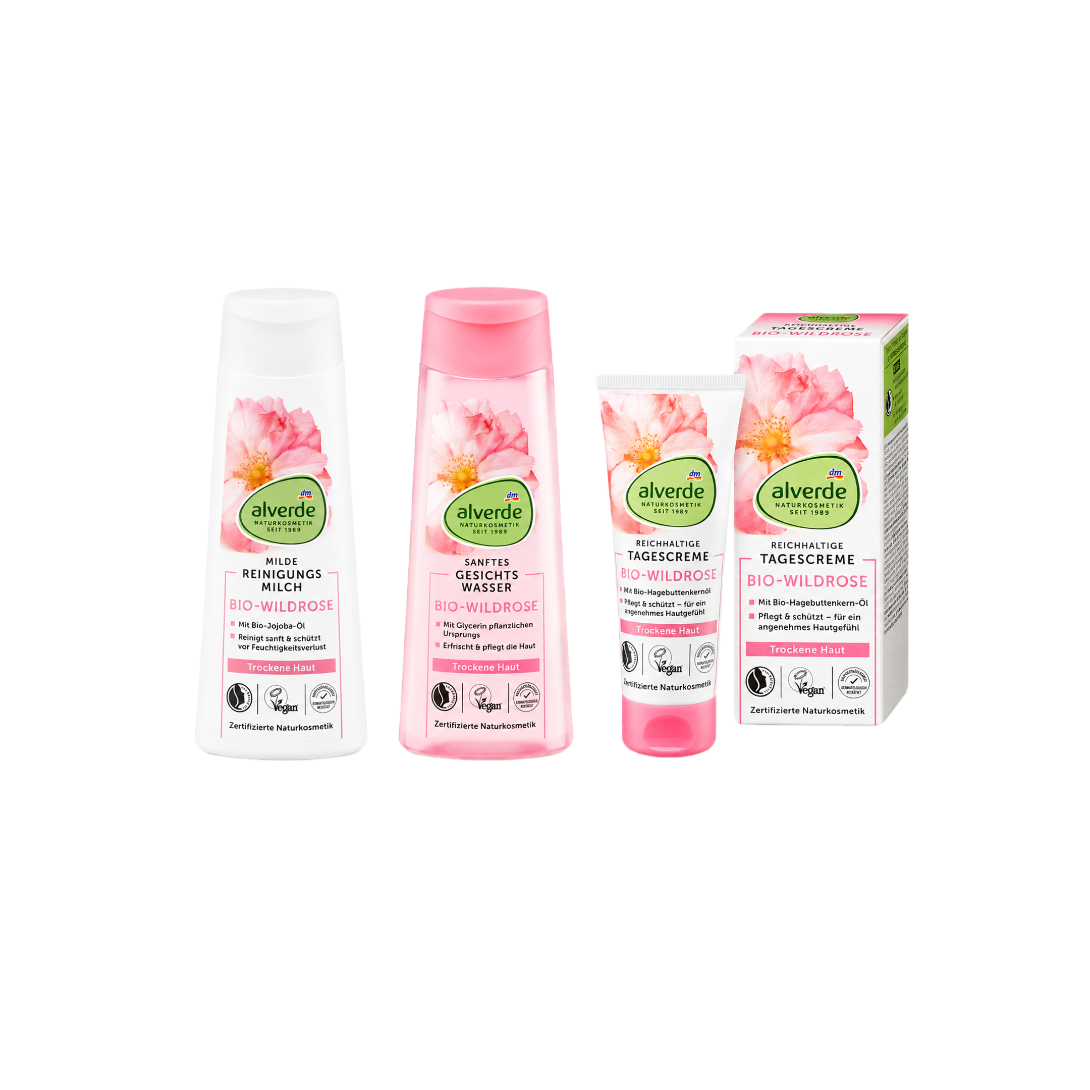 alverde NATURKOSMETIK Wild Rose Skincare Set | Cleansing Milk 200ml + Facial Toner 200ml + Face Cream 50ml | Certified Natural & Vegan Skincare Routine