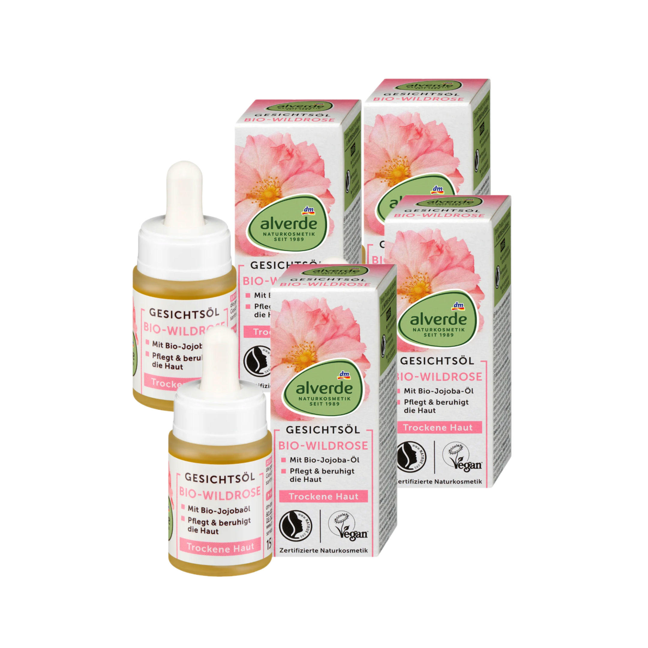 alverde NATURKOSMETIK Wild Rose Facial Oil 4-Pack 60ml | Organic Wild Rose Face Oil 4 × 15 ml | Certified Natural & Vegan massage oil