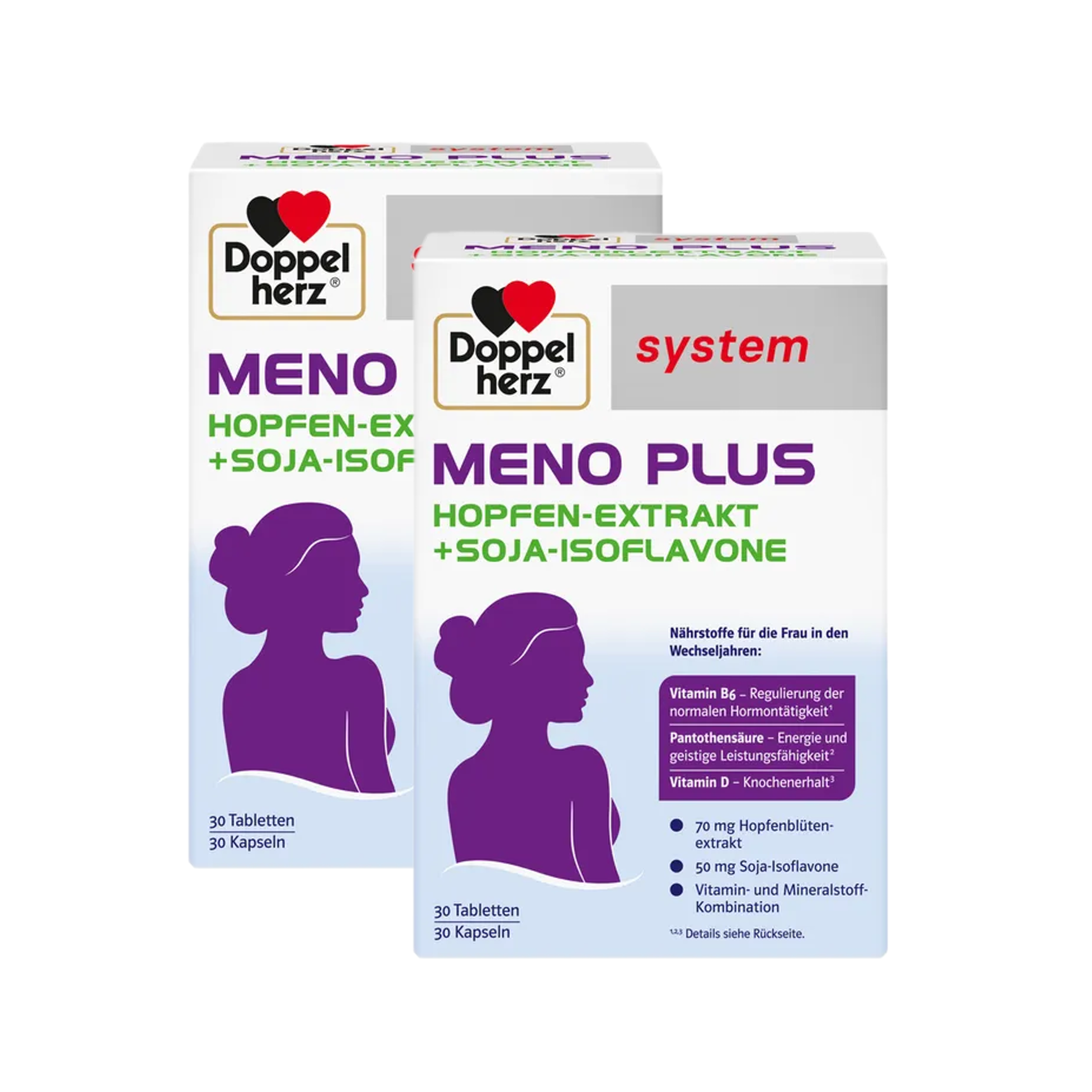Doppelherz system Meno Plus Double Pack 2 × 60 Pack | Menopause Support | Hop Extract, Soy Isoflavones, Vitamins & Minerals PZN 19712855