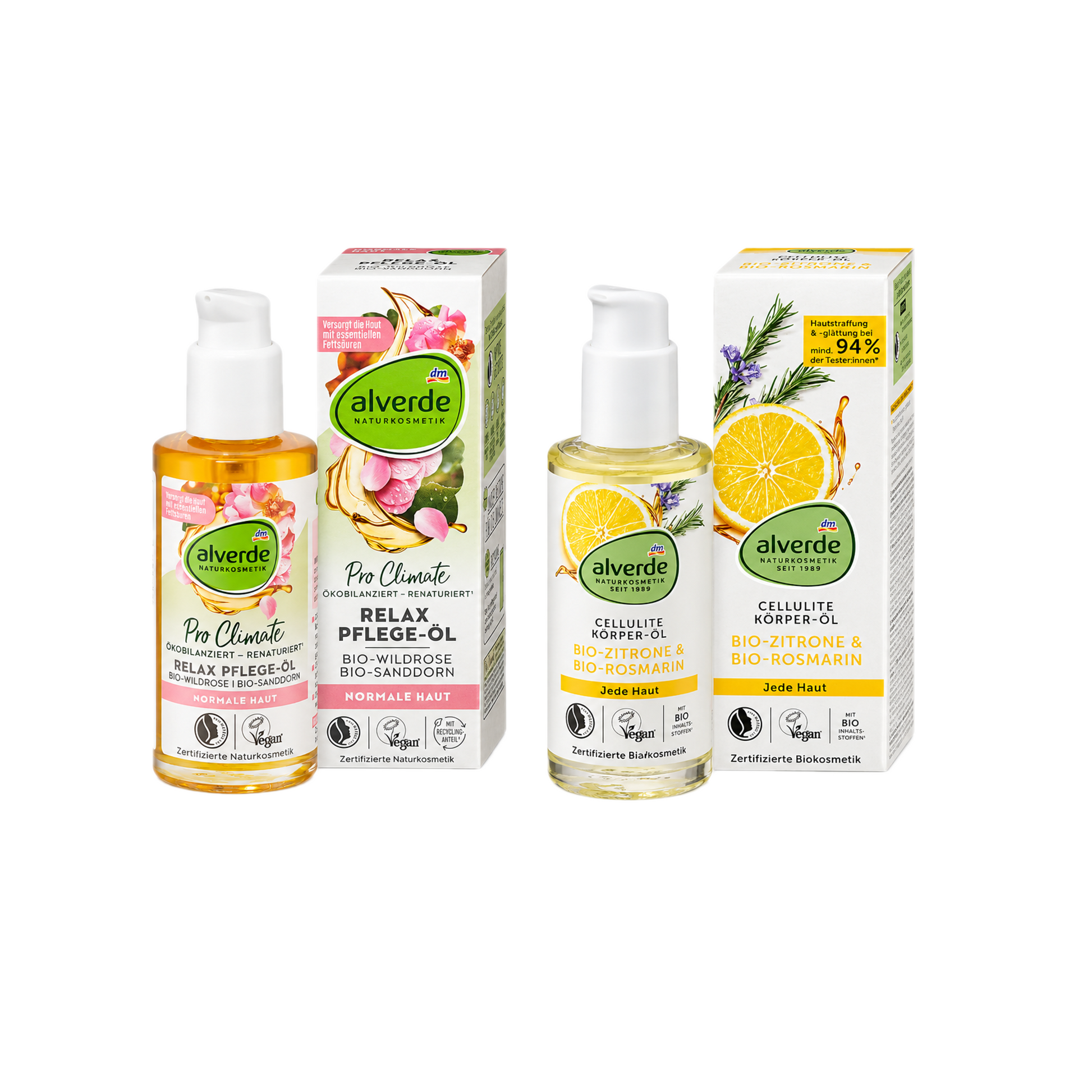 alverde NATURKOSMETIK Body Oil Duo Set 200ml | Cellulite Lemon & Rosemary 100ml + Wild Rose & Sea Buckthorn 100ml | Certified Natural & Vegan