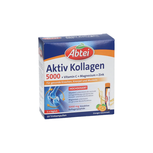 Abtei Active Collagen 5000 Drink Ampoules 10 × 25 ml | FORTIGEL® Collagen Peptides, Vitamin C, Magnesium & Zinc | Orange Flavor | PZN 16506397