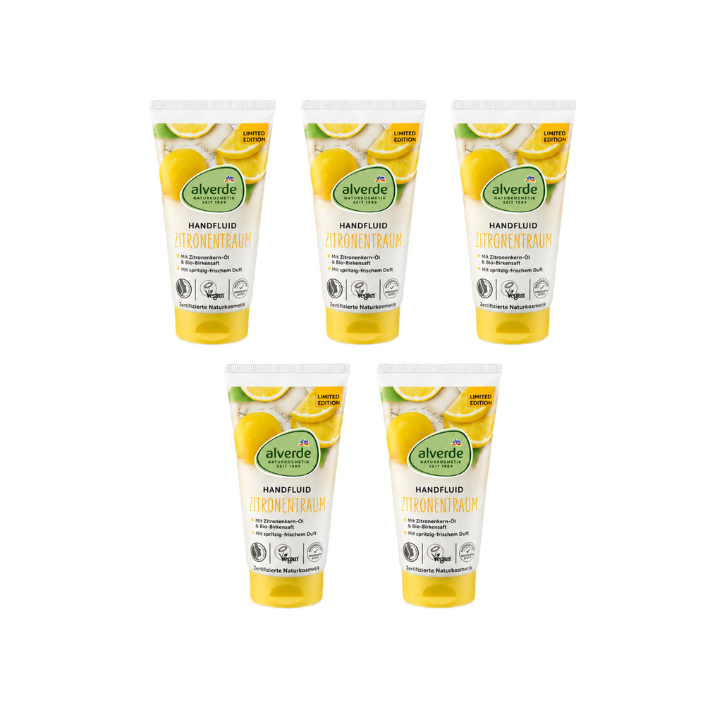 alverde NATURKOSMETIK Lemon Dream Hand Fluid 5-Pack | Lightweight Moisturizing Hand Care | 5 × 75 ml | Certified Natural & Vegan