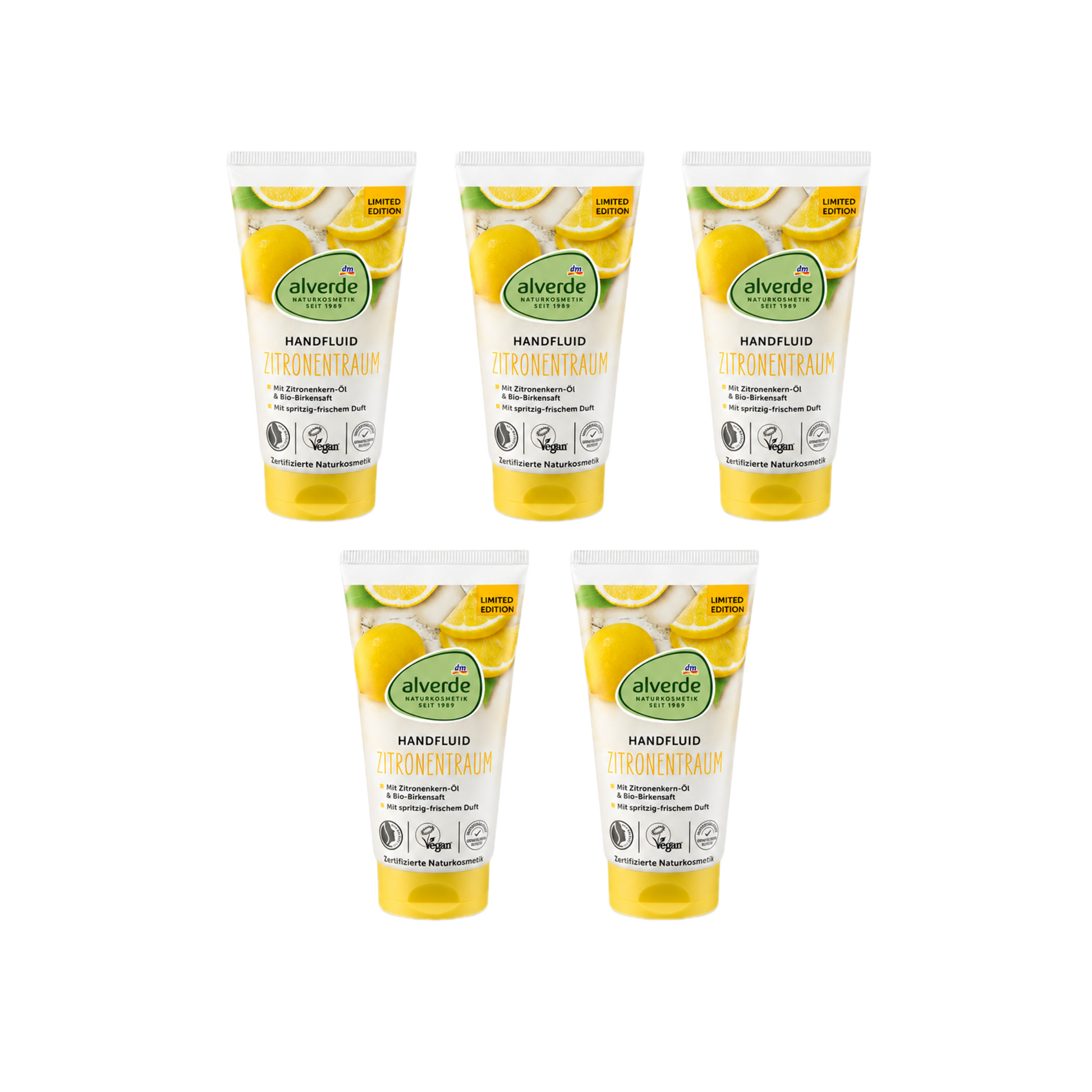 alverde NATURKOSMETIK Lemon Dream Hand Fluid 5-Pack | Lightweight Moisturizing Hand Care | 5 × 75 ml | Certified Natural & Vegan