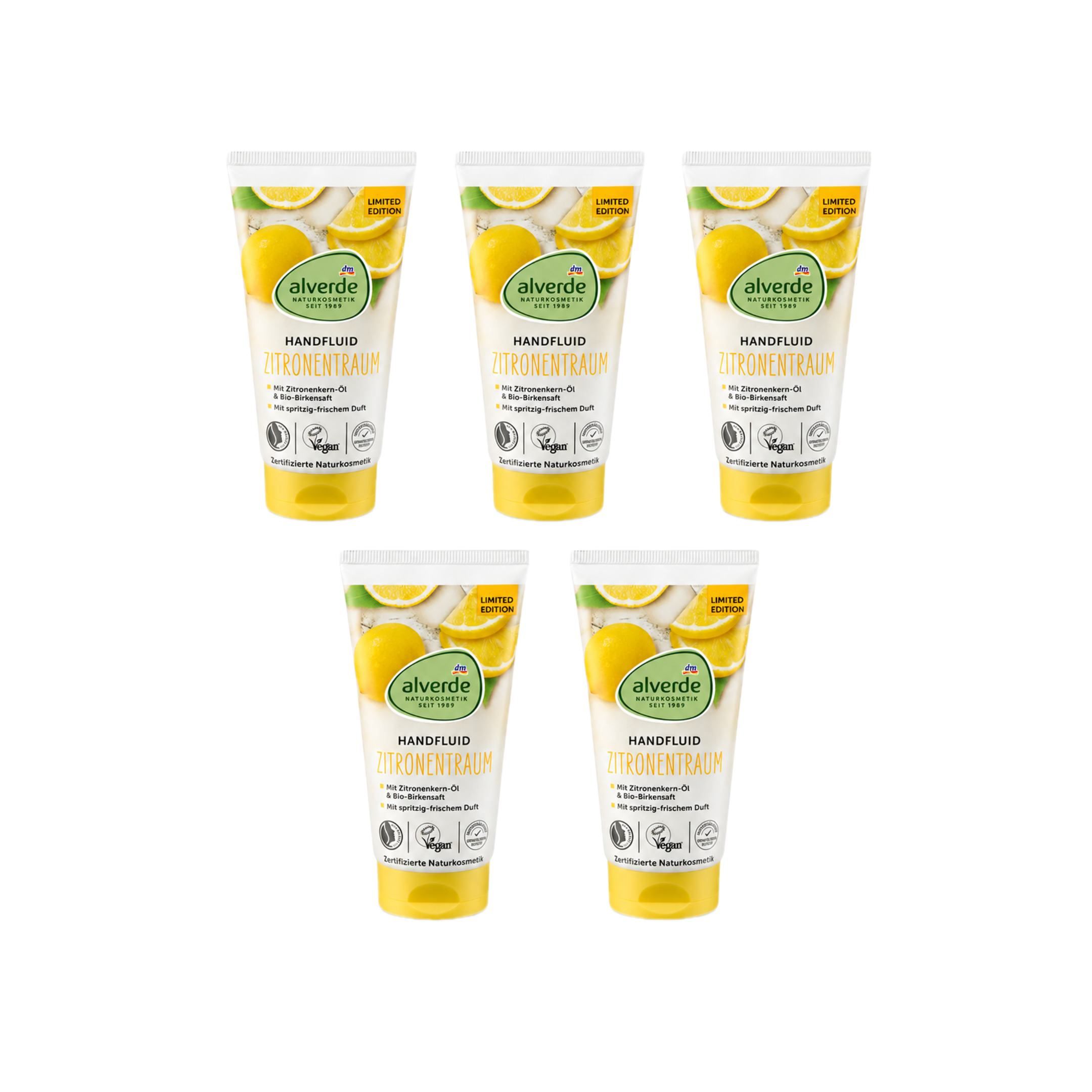 alverde NATURKOSMETIK Lemon Dream Hand Fluid 5-Pack | Lightweight Moisturizing Hand Care | 5 × 75 ml | Certified Natural & Vegan