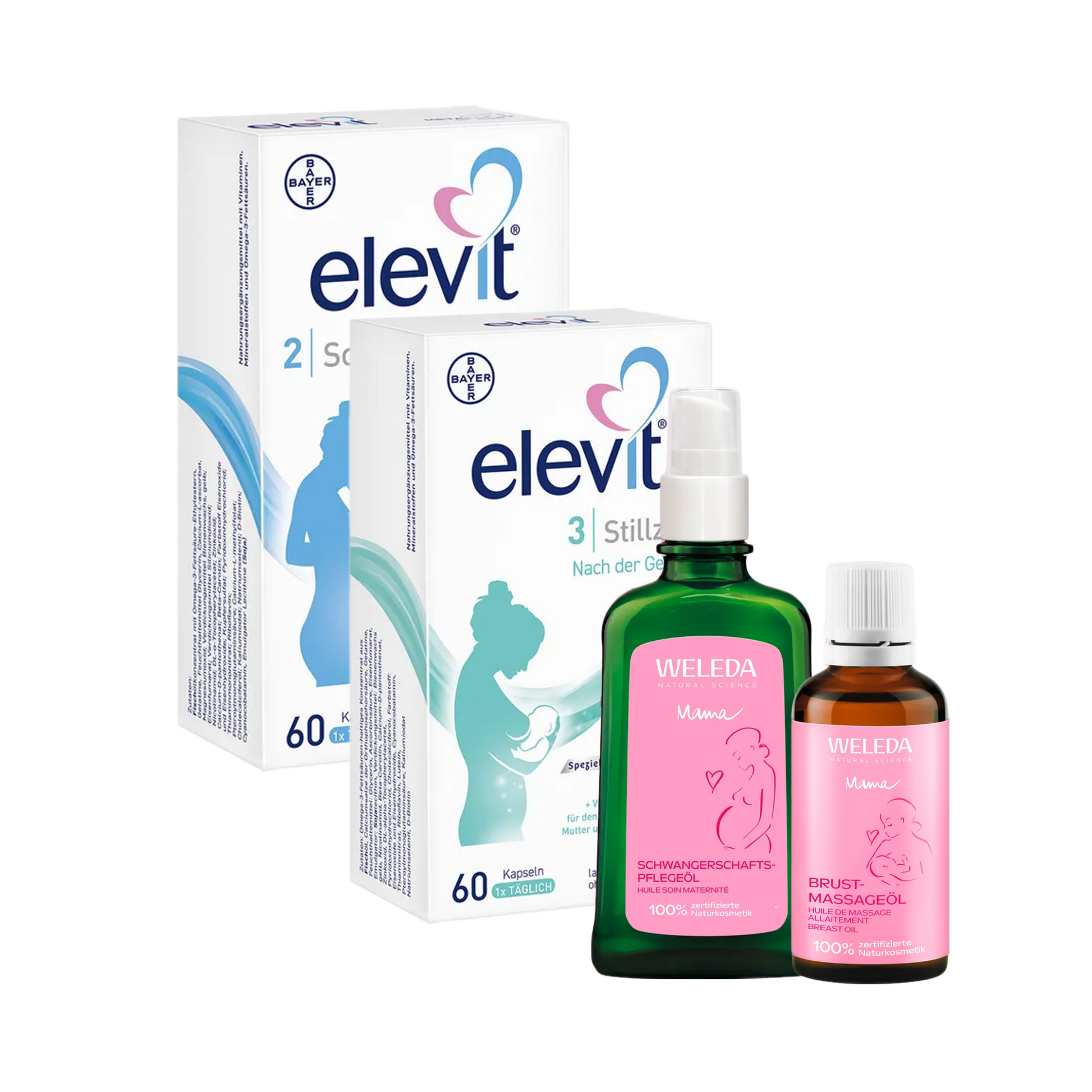 Elevit Pregnancy & Breastfeeding Ultimate Care Bundle | Elevit 2 + Elevit 3 + Weleda Pregnancy Body Oil + Weleda Breast Massage Oil | Complete Maternity Care | Made in Germany