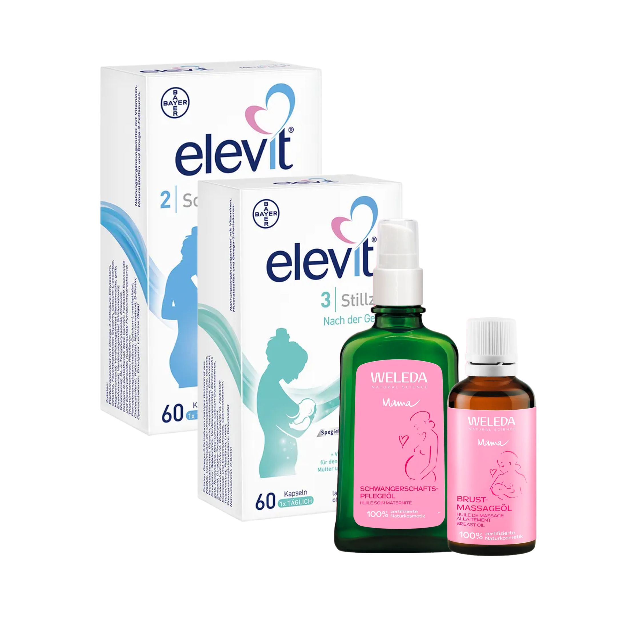 Elevit Pregnancy & Breastfeeding Ultimate Care Bundle | Elevit 2 + Elevit 3 + Weleda Pregnancy Body Oil + Weleda Breast Massage Oil | Complete Maternity Care | Made in Germany