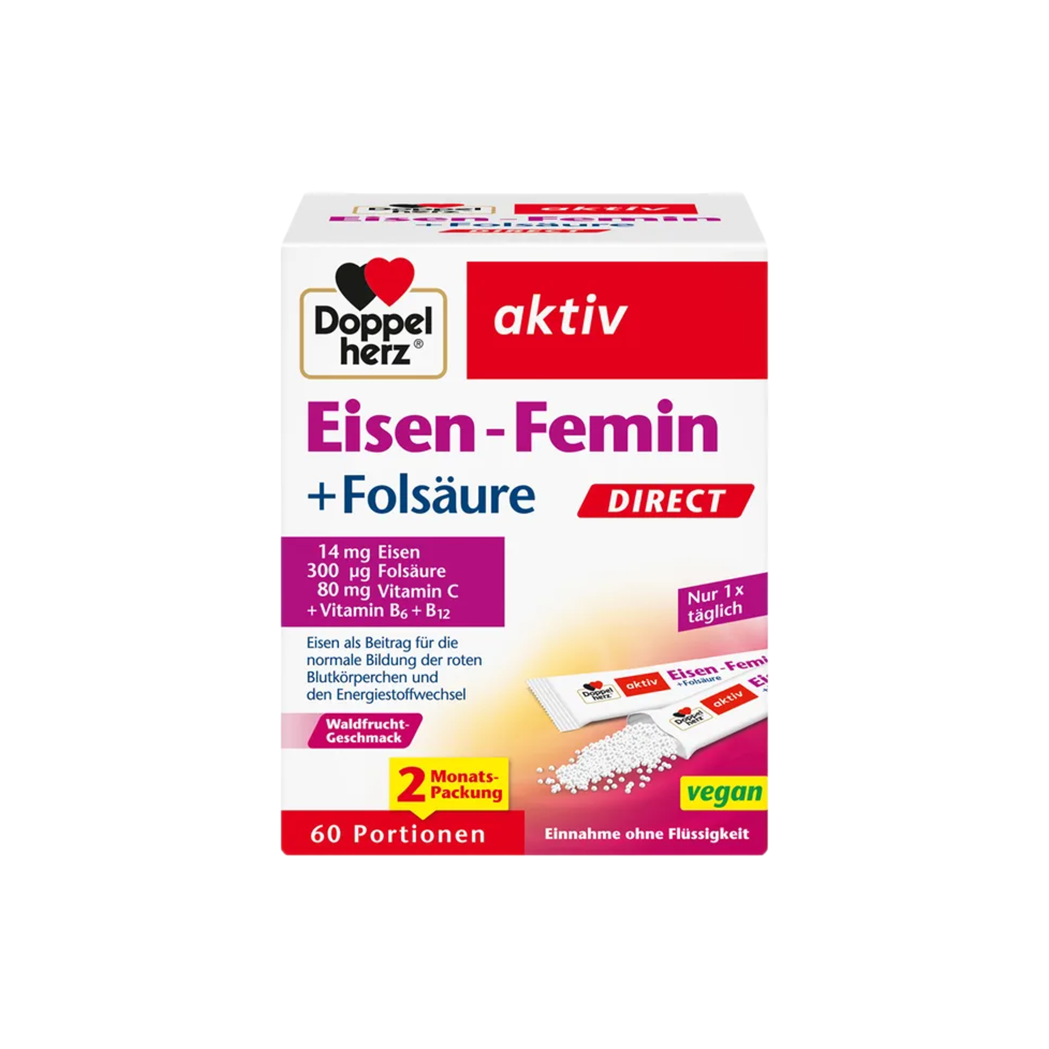 Doppelherz aktiv Eisen-Femin DIRECT 60 Sachets | Iron, Vitamin C, Folic Acid, Vitamin B6 & B12 | Direct Micro-Pellets | Wild Berry Flavor | PZN 18390639
