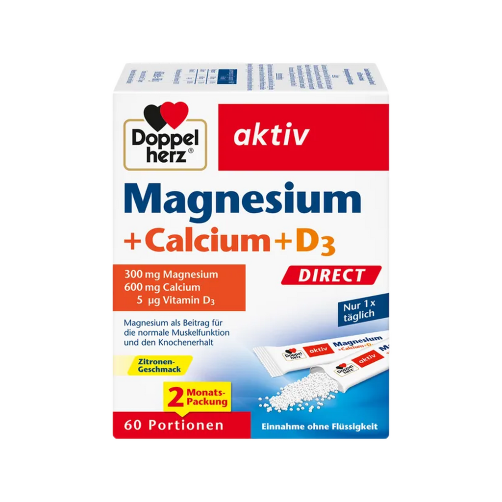 Doppelherz aktiv Magnesium + Calcium + D3 DIRECT Value Pack 240 Sachets | 4 × 60 Micro-Pellet Sachets | 300 mg Magnesium, 600 mg Calcium & Vitamin D3 | Lemon Flavor  PZN 18390668
