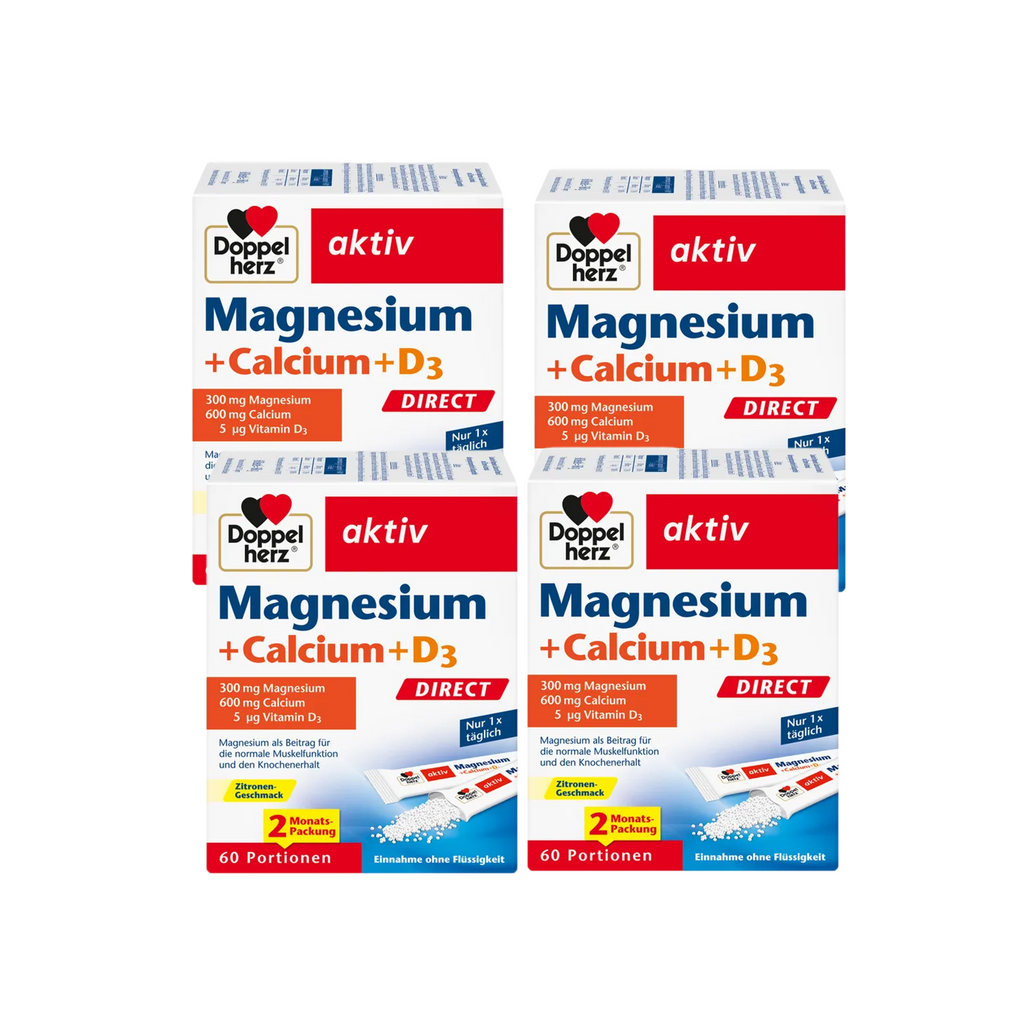 Doppelherz aktiv Magnesium + Calcium + D3 DIRECT Value Pack 240 Sachets | 4 × 60 Micro-Pellet Sachets | 300 mg Magnesium, 600 mg Calcium & Vitamin D3 | Lemon Flavor  PZN 18390668