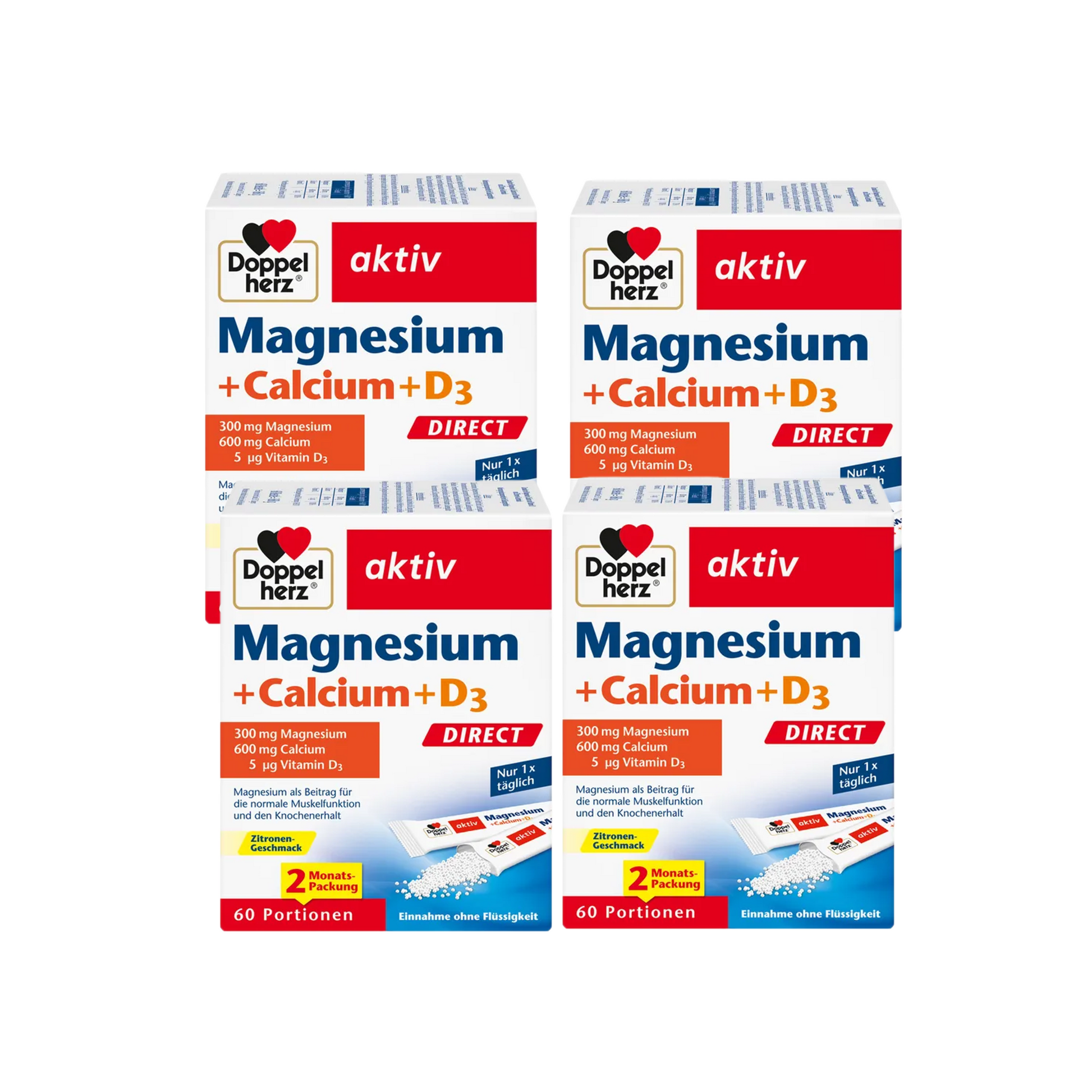 Doppelherz aktiv Magnesium + Calcium + D3 DIRECT Value Pack 240 Sachets | 4 × 60 Micro-Pellet Sachets | 300 mg Magnesium, 600 mg Calcium & Vitamin D3 | Lemon Flavor  PZN 18390668
