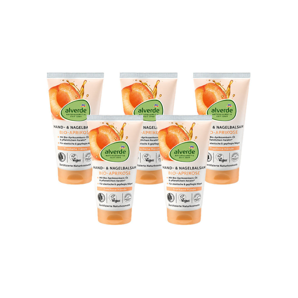alverde NATURKOSMETIK Apricot Hand & Nail Balm 5-Pack | Organic Apricot Kernel Oil & Plant Keratin | 5 × 75 ml | Certified Natural & Vegan