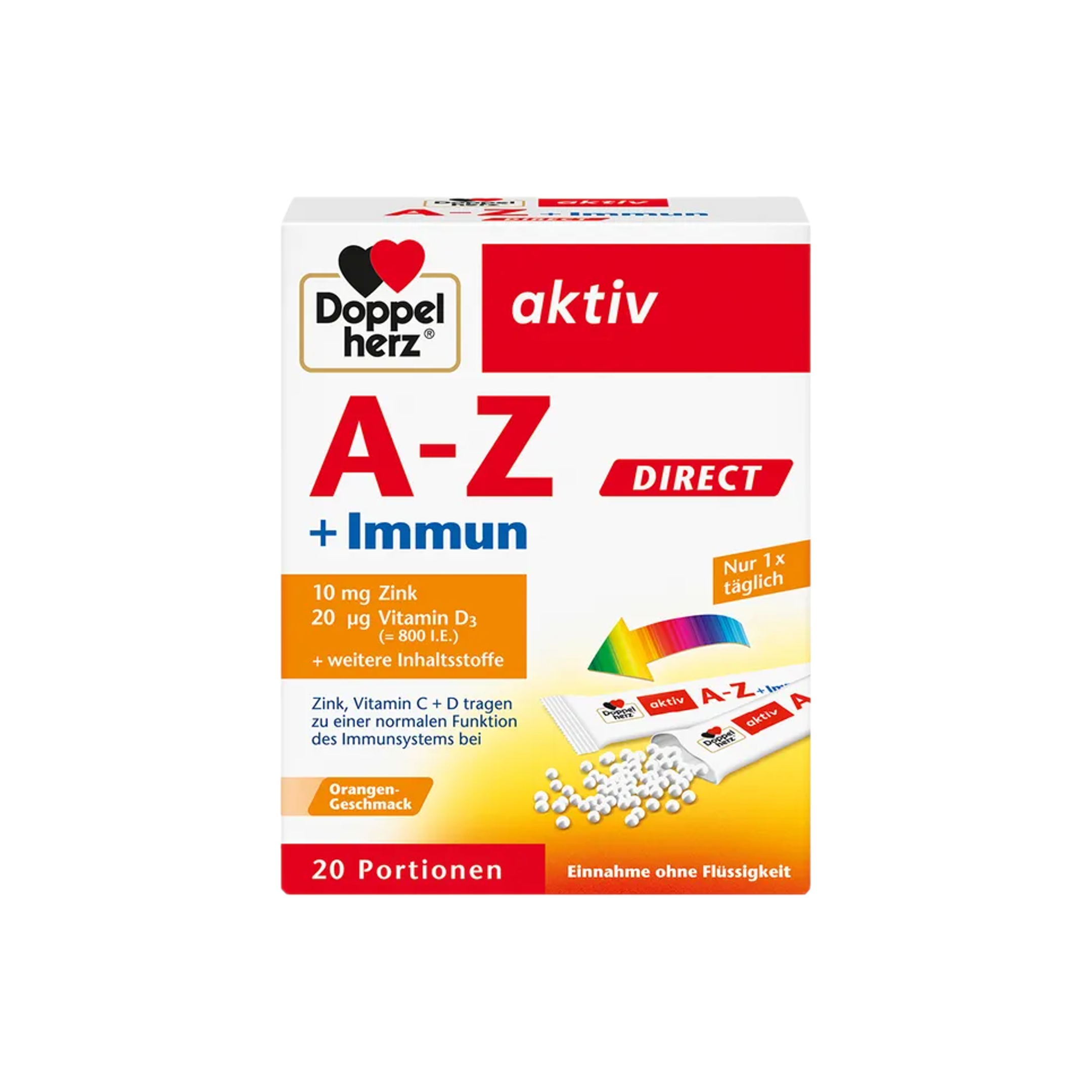 Doppelherz aktiv A-Z + Immun DIRECT 20 Sachets | Complete Multivitamin & Immune Support | 17 Essential Nutrients + Lutein | Orange Micro-Pellets | PZN 16687909