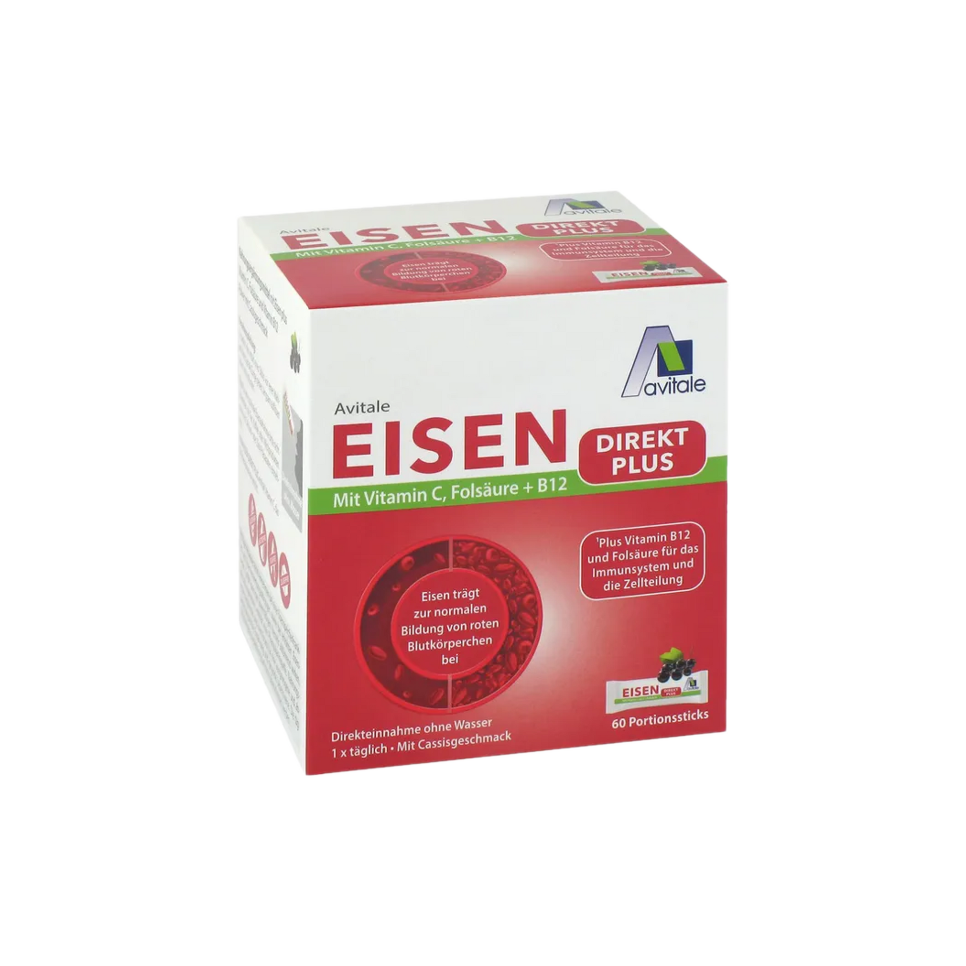 Avitale Eisen Direkt Plus 60 Sticks | Iron, Vitamin C, Folic Acid & Vitamin B12 | Direct Powder Sticks | Blackcurrant Flavor | PZN 17307702