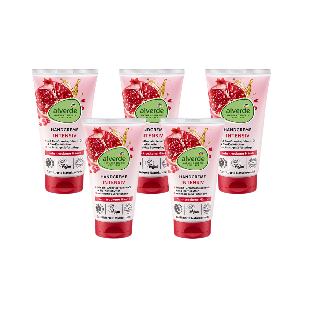 alverde NATURKOSMETIK Pomegranate & Shea Butter Hand Cream 5-Pack | Intensive Moisturizing Hand Cream | 5 × 75 ml | Certified Natural & Vegan