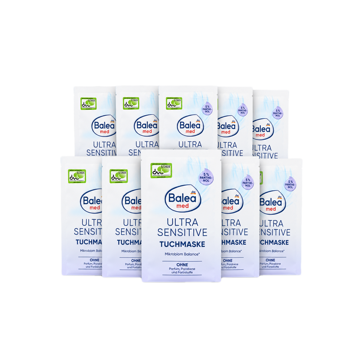 Balea med Panthenol Ultra Sensitive Sheet Mask 10-Pack | 5% Panthenol, Hyaluronic Acid & Vitamin E | Fragrance-Free Soothing Face Mask | 10 Treatments