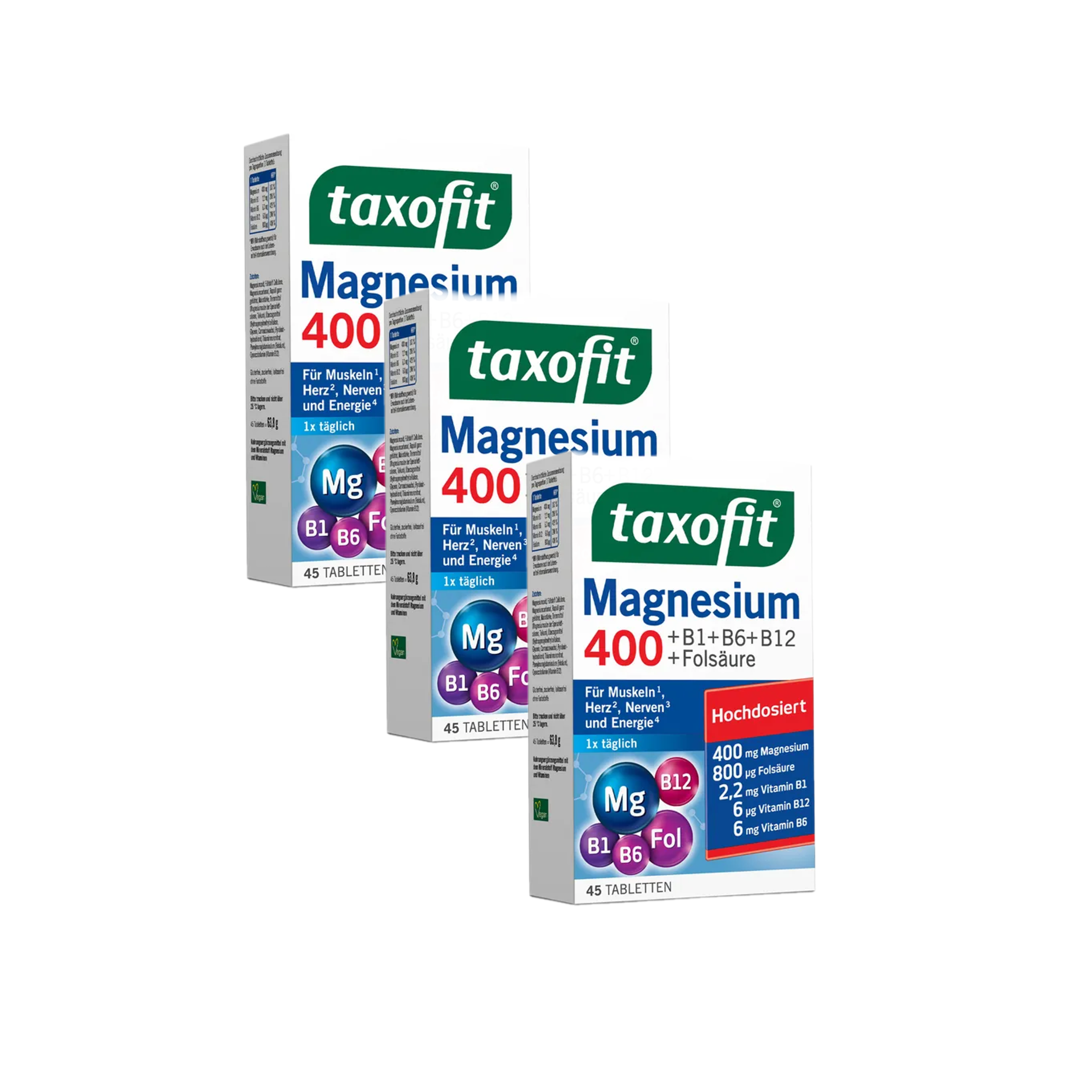 taxofit Magnesium 400 Value Pack 3 × 45 Tablets | 135 Tablets Total | Magnesium 400 mg + Vitamin B1, B6, B12 & Folic Acid | Muscle, Nerve & Energy Support | Vegan Made in Germany PZN 17982326