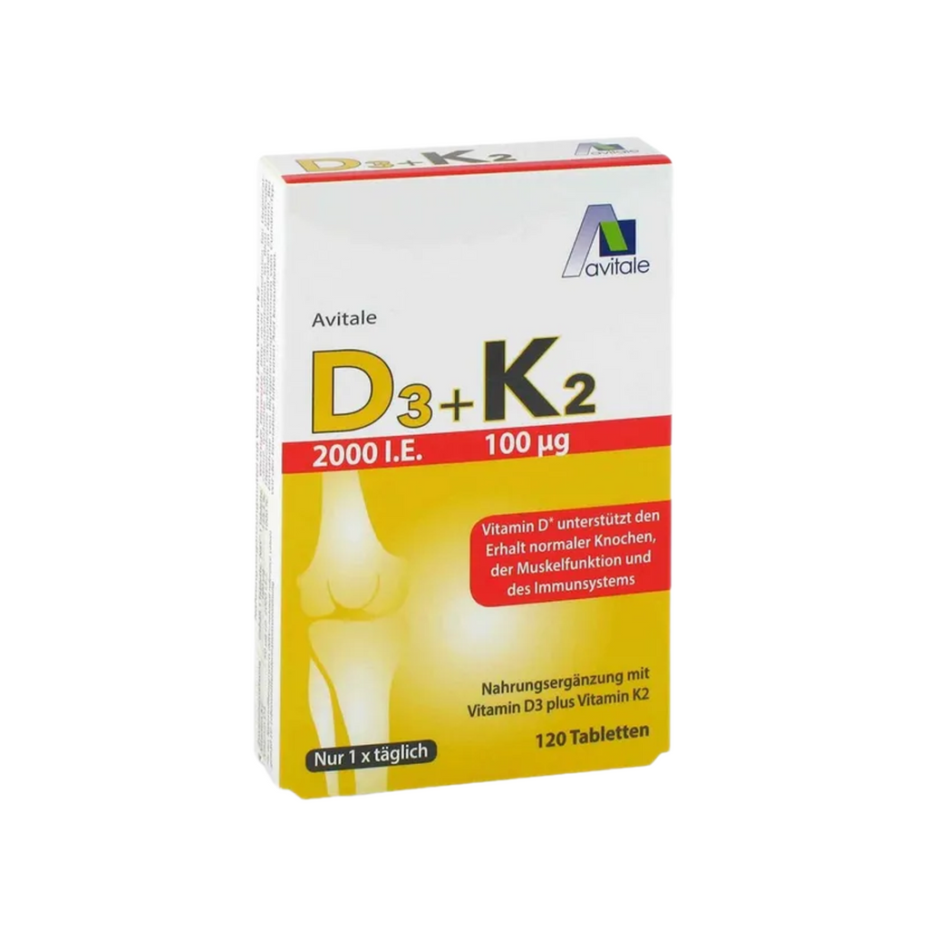 Avitale Vitamin D3 + K2 2000 IU | 50 µg Vitamin D3 + 100 µg K2 MK-7 | Bones, Muscles & Immune Support | 120 Tablets | PZN 15205937