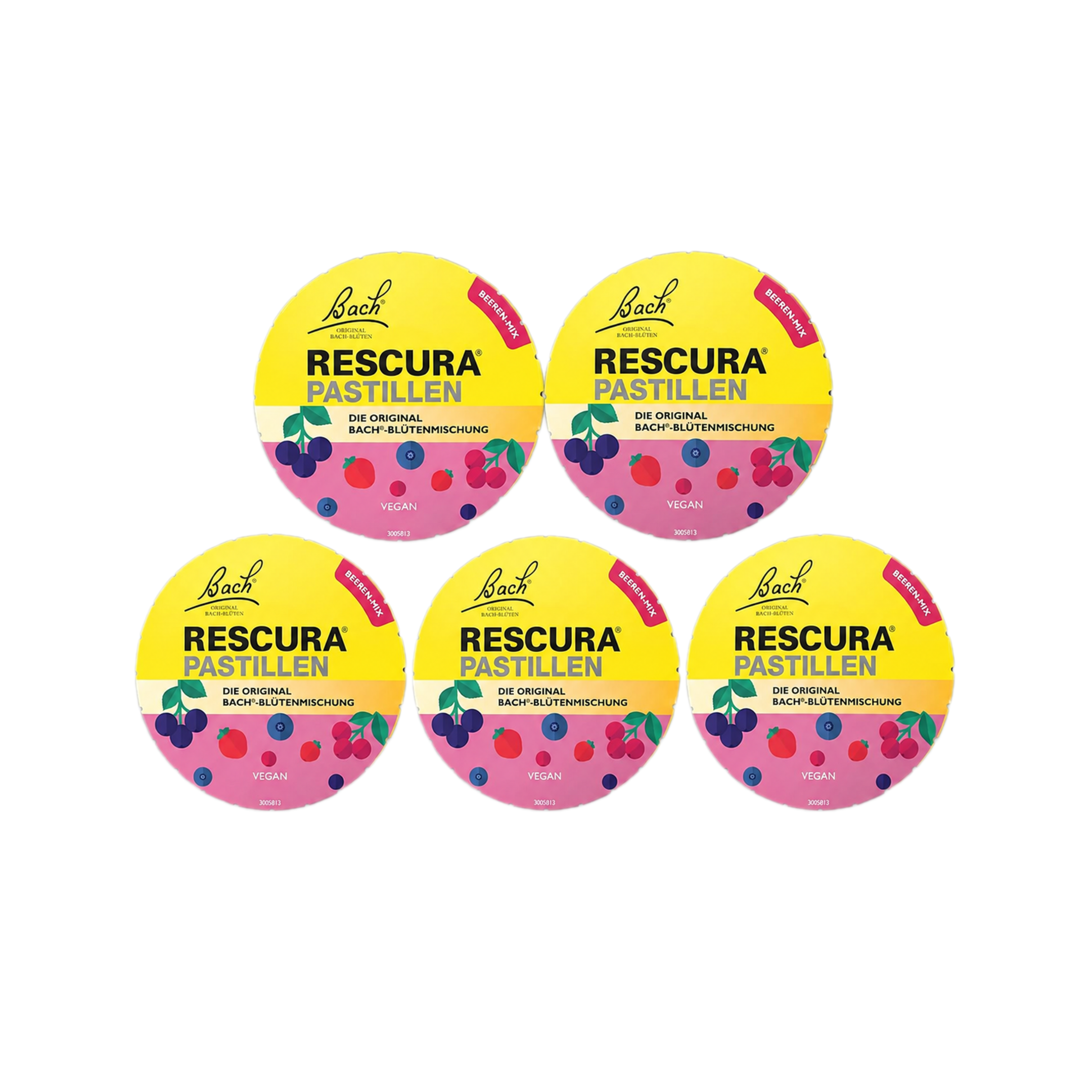 Bach RESCURA Berry Mix Pastilles 250g | Original Bach® Flower Essence Blend | Sugar-Free | Vegan | 5 × 50 g | Family Value Pack PZN 19096385