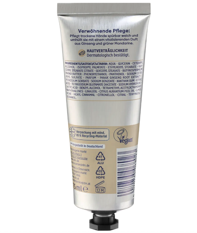 Balea Ginseng & Green Mandarin Hand Cream | Ginseng Extract + Shea Butter + Panthenol | Moisturising Care for Dry & Stressed Hands | Vegan | 5 × 75 ml Value Pack | 375 ml Total