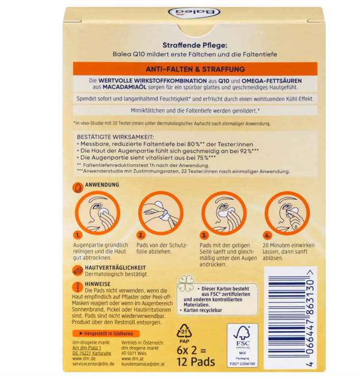 Balea Q10 Anti-Wrinkle Eye Pads | Natural Q10 + Macadamia Oil Omega Complex + Vitamin E | Cooling & Moisturising Eye Care | Fragrance-Free | 4 Boxes × 6 Pairs | 24 Pairs / 48 Pads